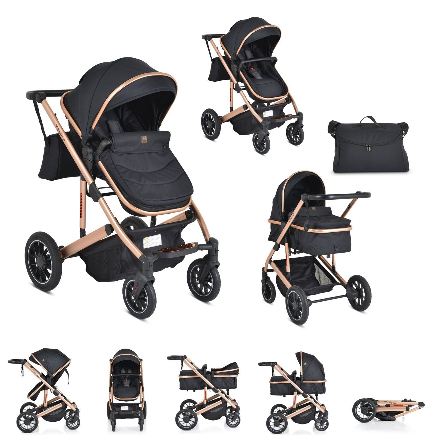 Moni Kombi-Kinderwagen Kombikinderwagen 2 in 1 Thira, Babywanne, umbaubar, Sportsitz, Fußabdeckung schwarz