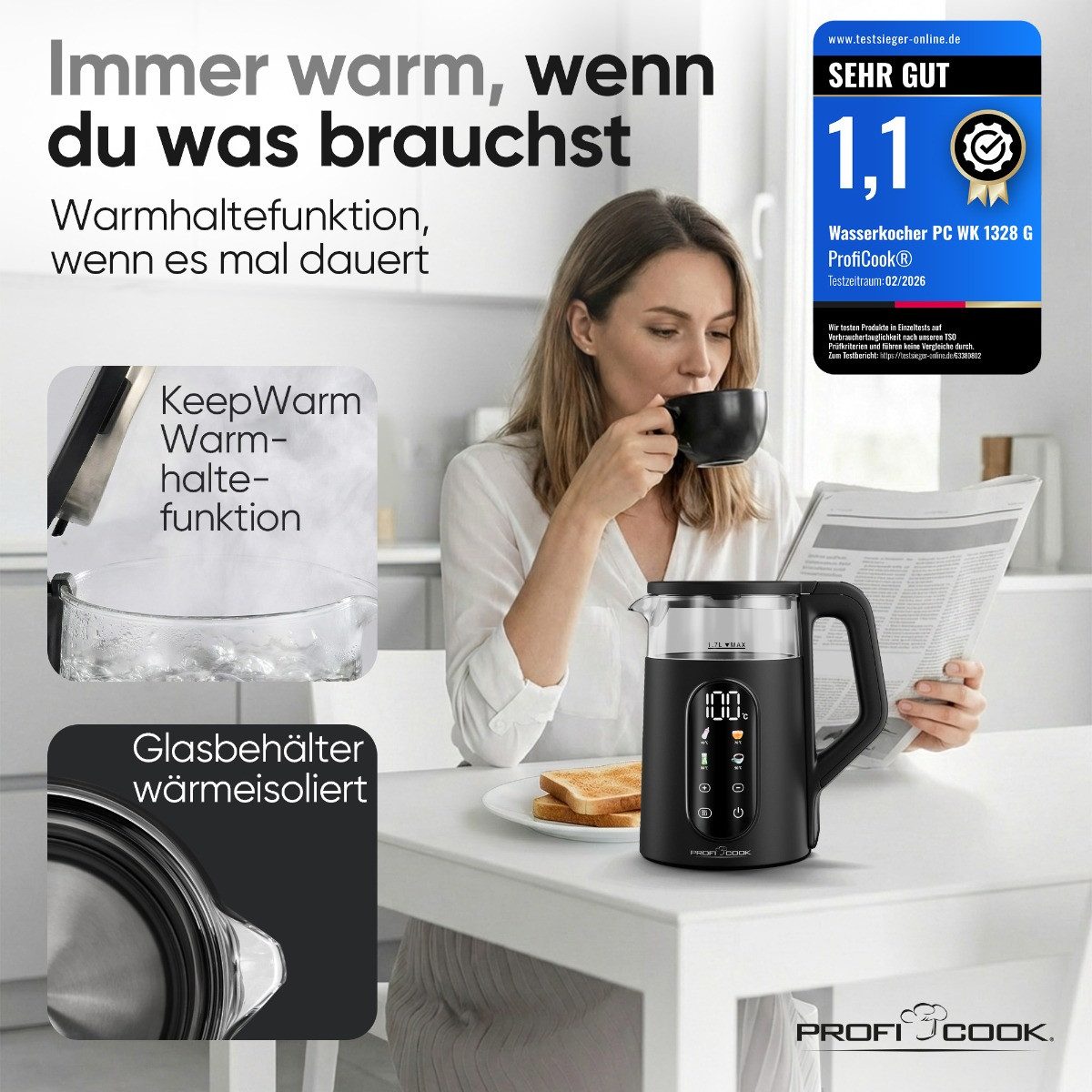 ProfiCook Wasserkocher PC-WK 1328 G, Wasserkocher mit Temperatureinstellung 40 - 100°C