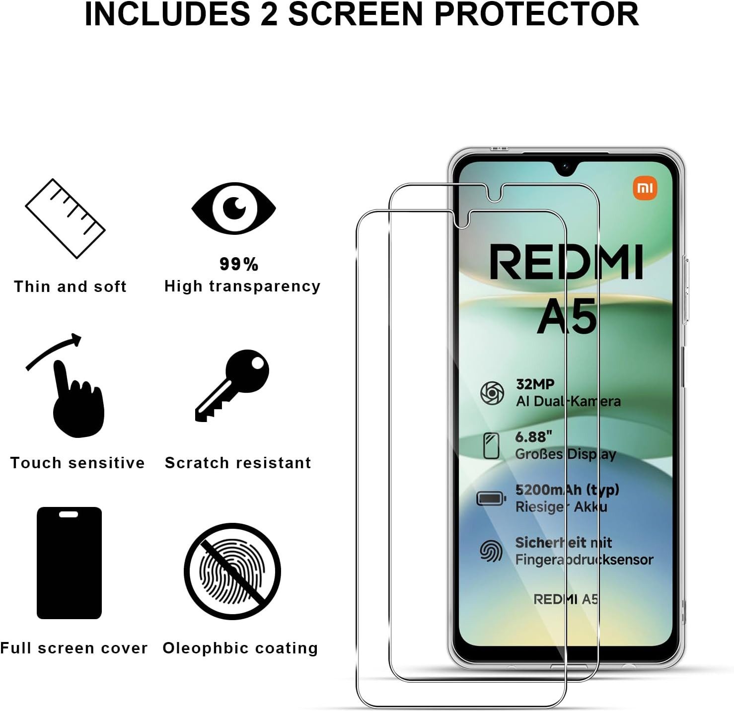 MSM Displayschutzglas 2X Schutzglas für Xiaomi Redmi A5 Display Panzerfolie Full Screen 9H – Bild 3 von 5