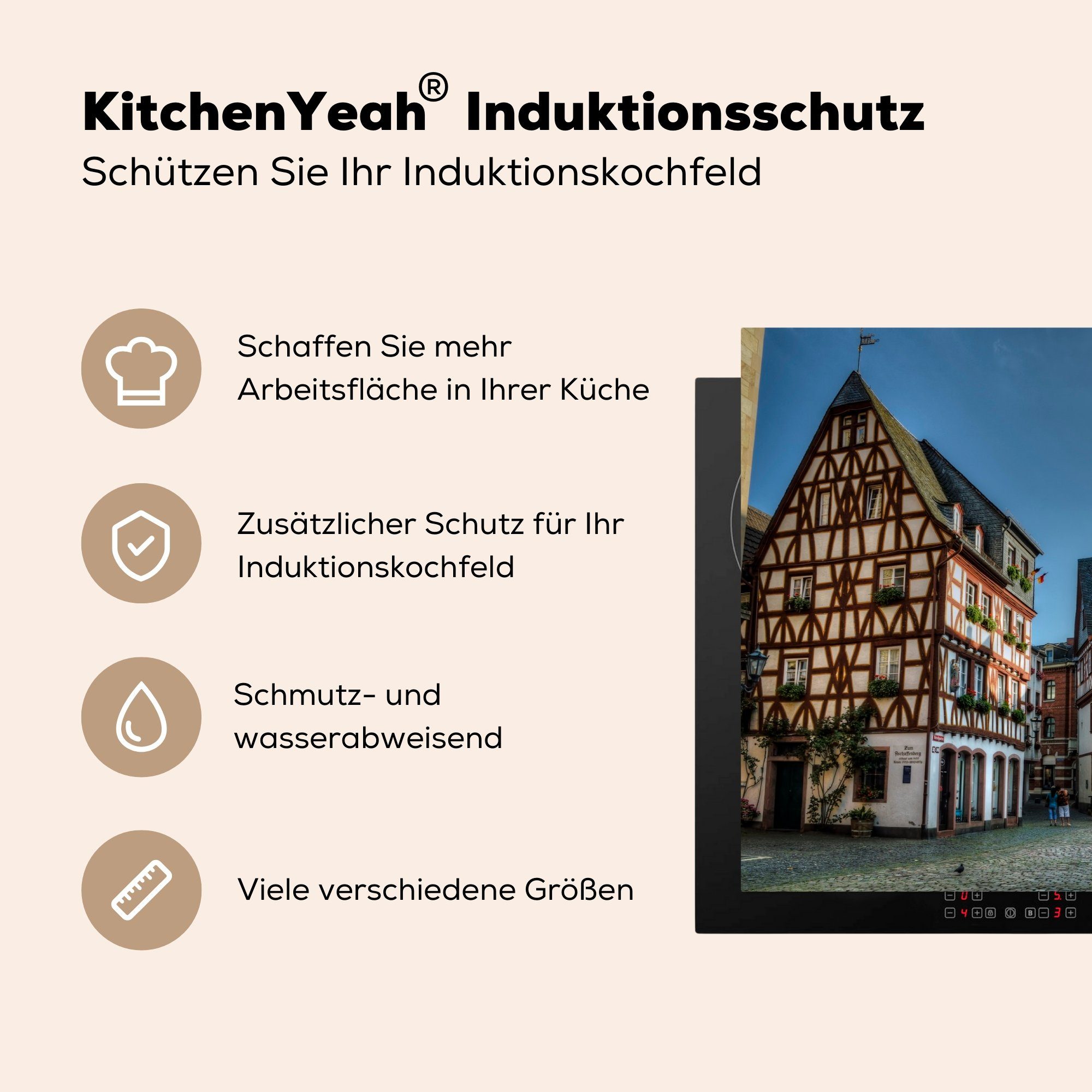 küche, Deutschland, cm, Herdblende-/Abdeckplatte (1 Vinyl, in für Mainz, tlg), 81x52 Schutz die MuchoWow Alte Ceranfeldabdeckung Häuser Induktionskochfeld