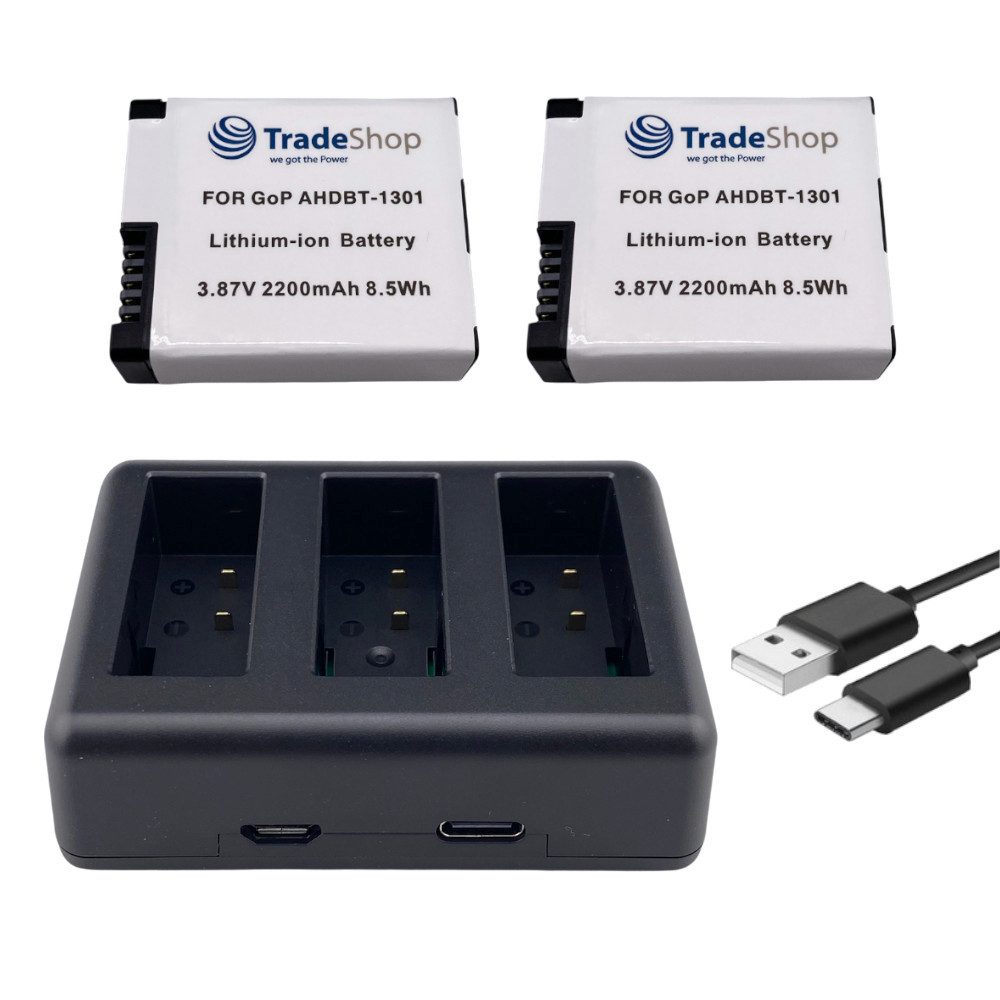 3in1 Set passend für GoPro AHDBT-1301PR CPSS1B - Triple Ladegerät + 2x Kamera-Akku