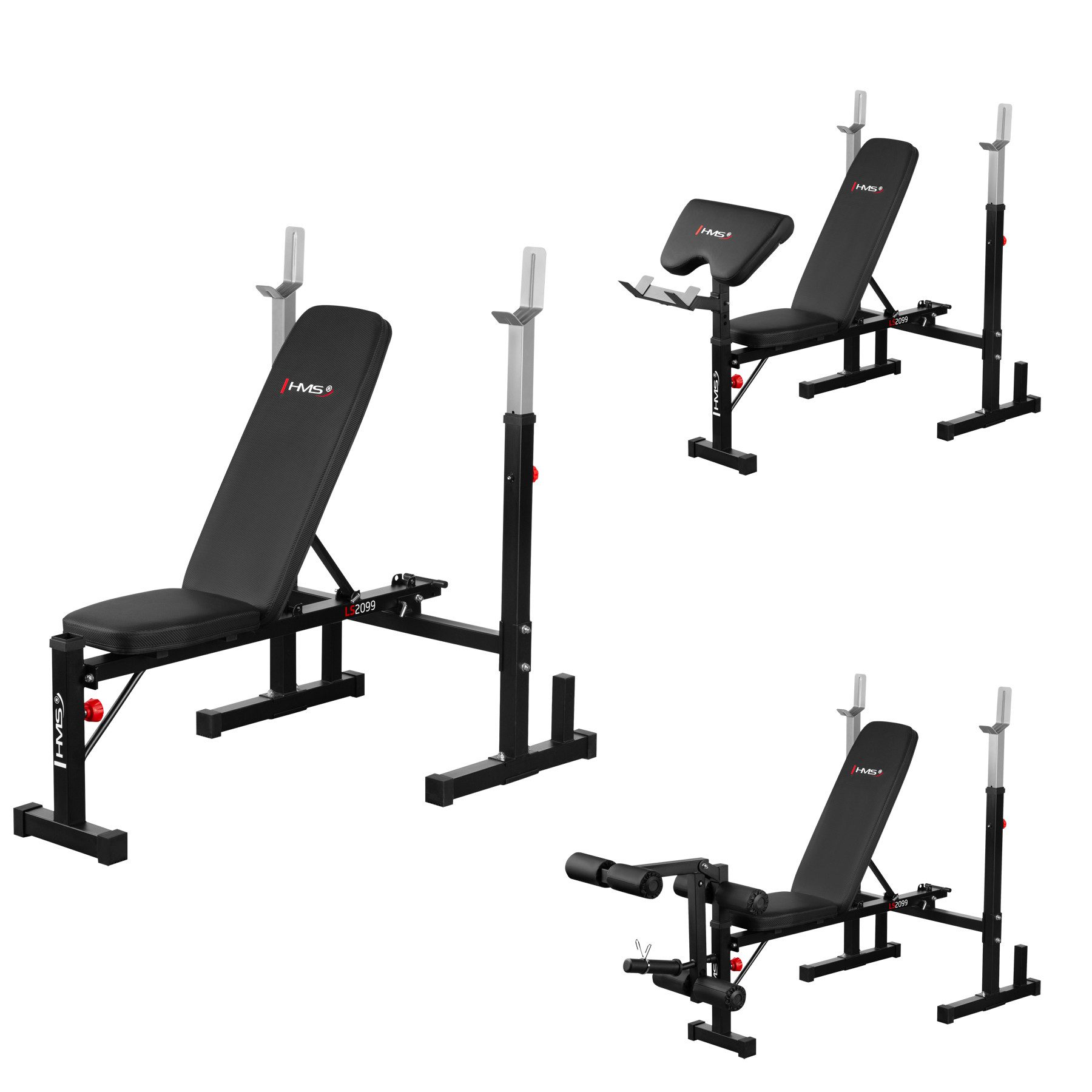 HMS Hantelbank LS2099 HANTELBANK MIT LANGHANTELABLAGE HMS, (Spar-Set, 1-tlg., 135 x 82 cm klappbar), verstellbare Rückenlehne, Curlpult, Beintrainer, klappbar