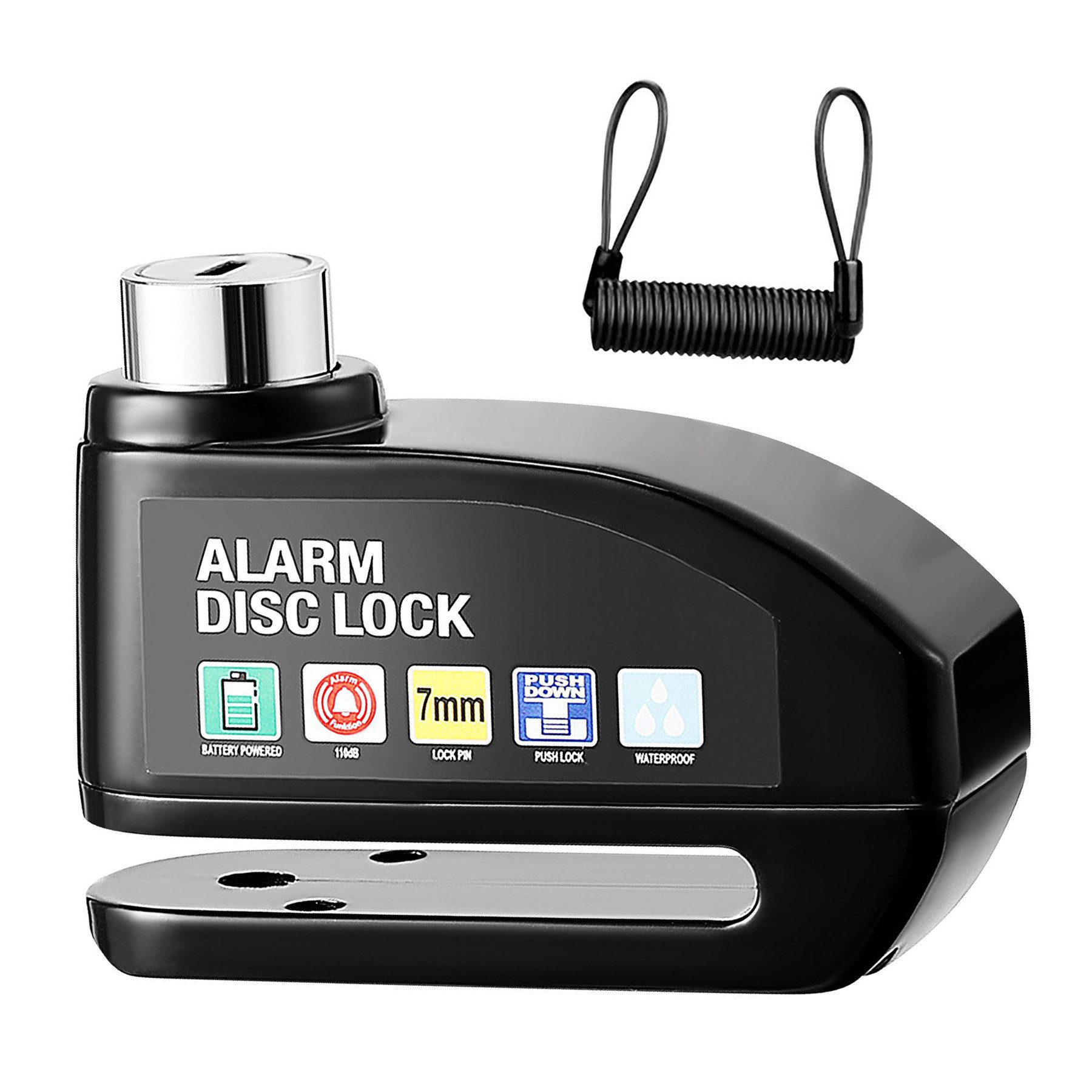 Senmudi Rahmenschloss Bremsscheibenschloss, Motorrad Schloss Alarm 110db (Wasserdichtes Hochsicherheits-Motorradschloss mit Fahrrad-Alarmanlage, Motorradschloss Alarmanlage, für Moped, Fahrrad, Scooter), Universal ø7 mm, mit Erinnerungsschnur