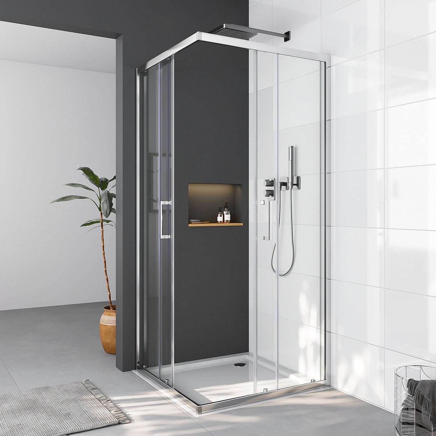 Boromal Eckdusche Eckeinstieg Duschkabine Duschabtrennung Doppel Schiebetüren Dusche, BxT: 75x80 cm, Sicherheitsglas, Dusche Duschwand 5mm ESG Glas