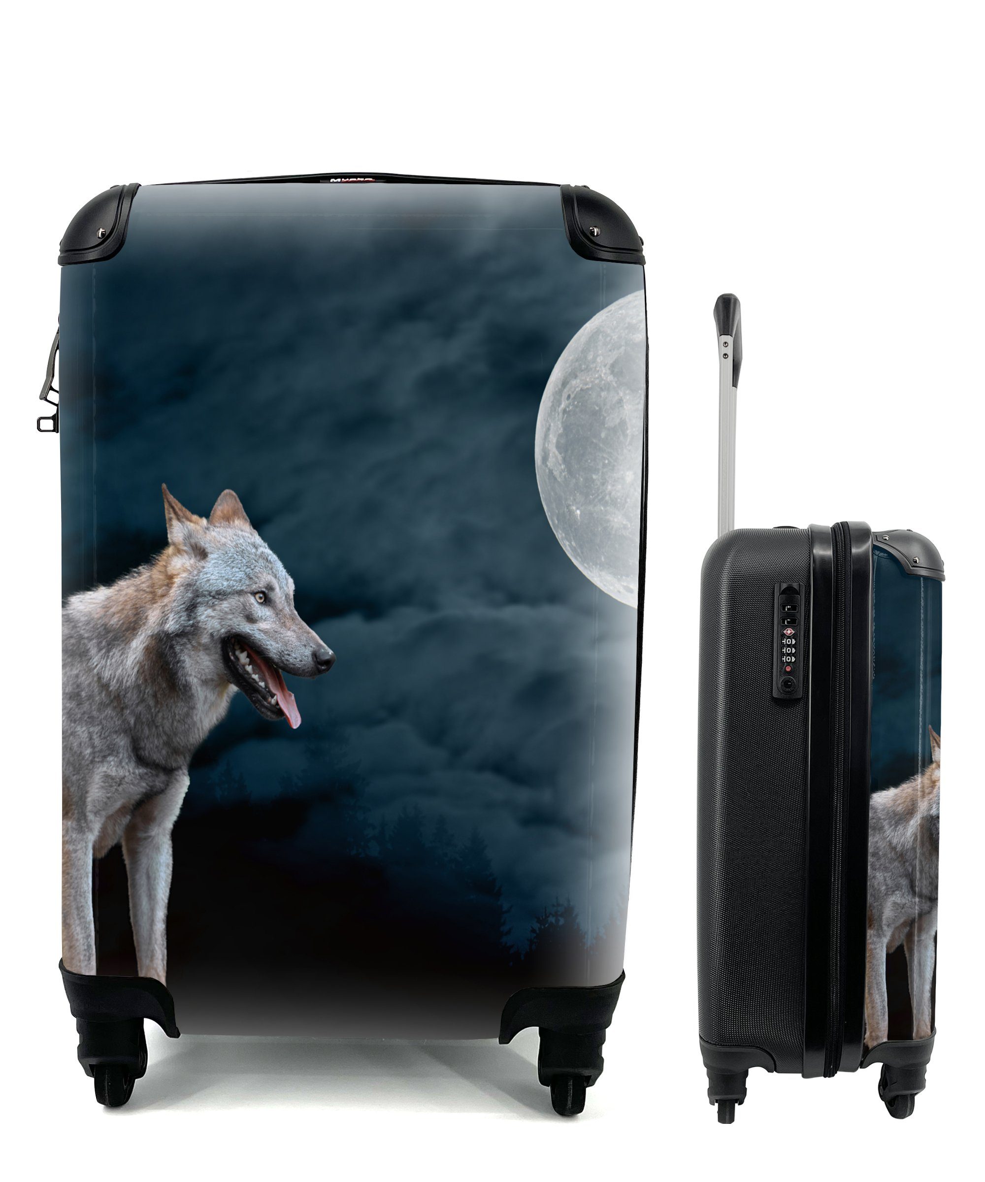 MuchoWow Handgepäckkoffer Wolf - Mond - Nacht - Tiere - Porträt, 4 Rollen, Reisetasche mit rollen, Handgepäck für Ferien, Trolley, Reisekoffer