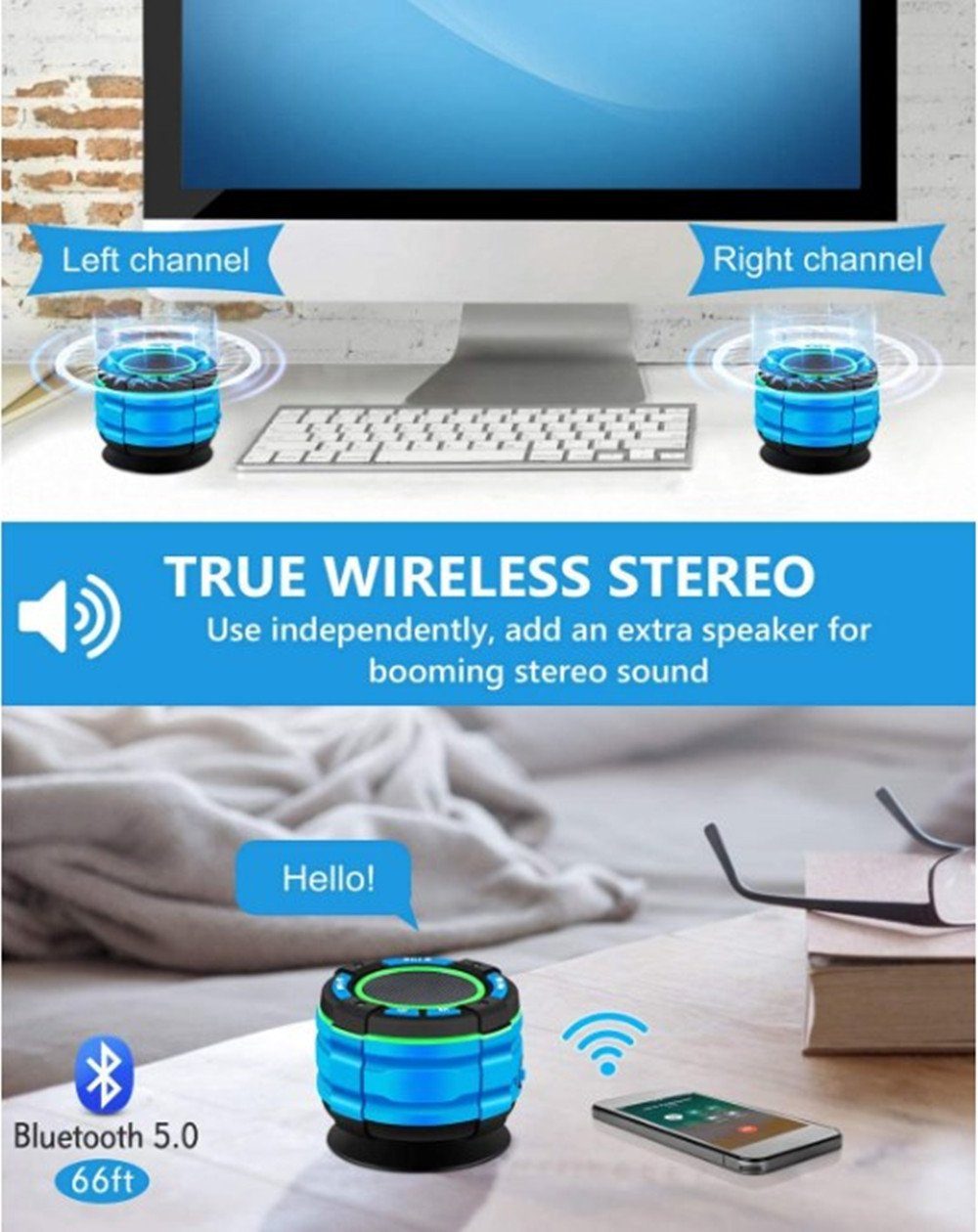 mit Lautsprecher, Bluetooth-Lautsprecher (IPX7 Lautsprecher LED) Powerbank,Kabelloser mit Eingebaute 3D Bluetooth Tragbarer autolock Wasserdicht, Stereo, Mini