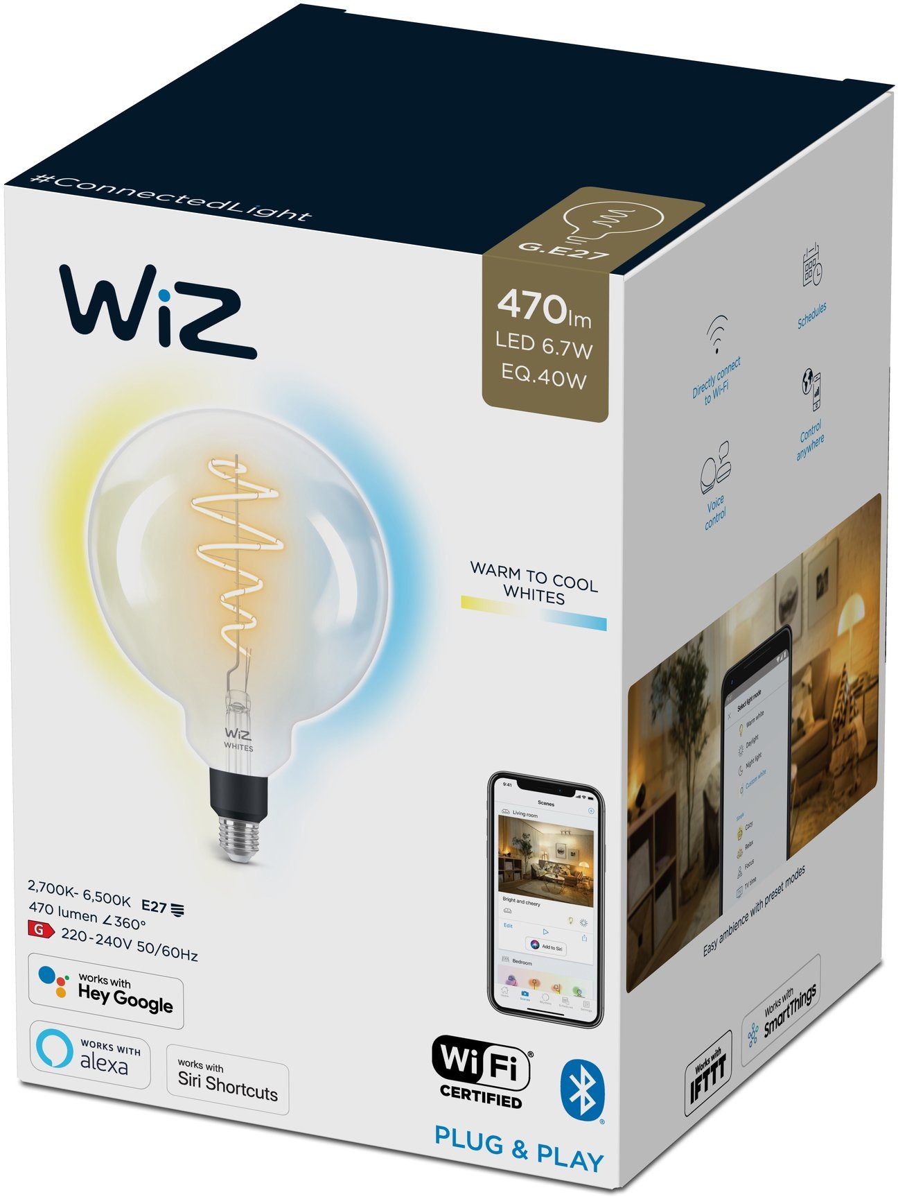 WiZ LED-Filament 1 Lampen für E27, Clear LED 40W Vintage-Design Wiz White Tunable XL-Globeform St., G200 Filament Filament Einzelpack, klassisches E27 Warmweiß