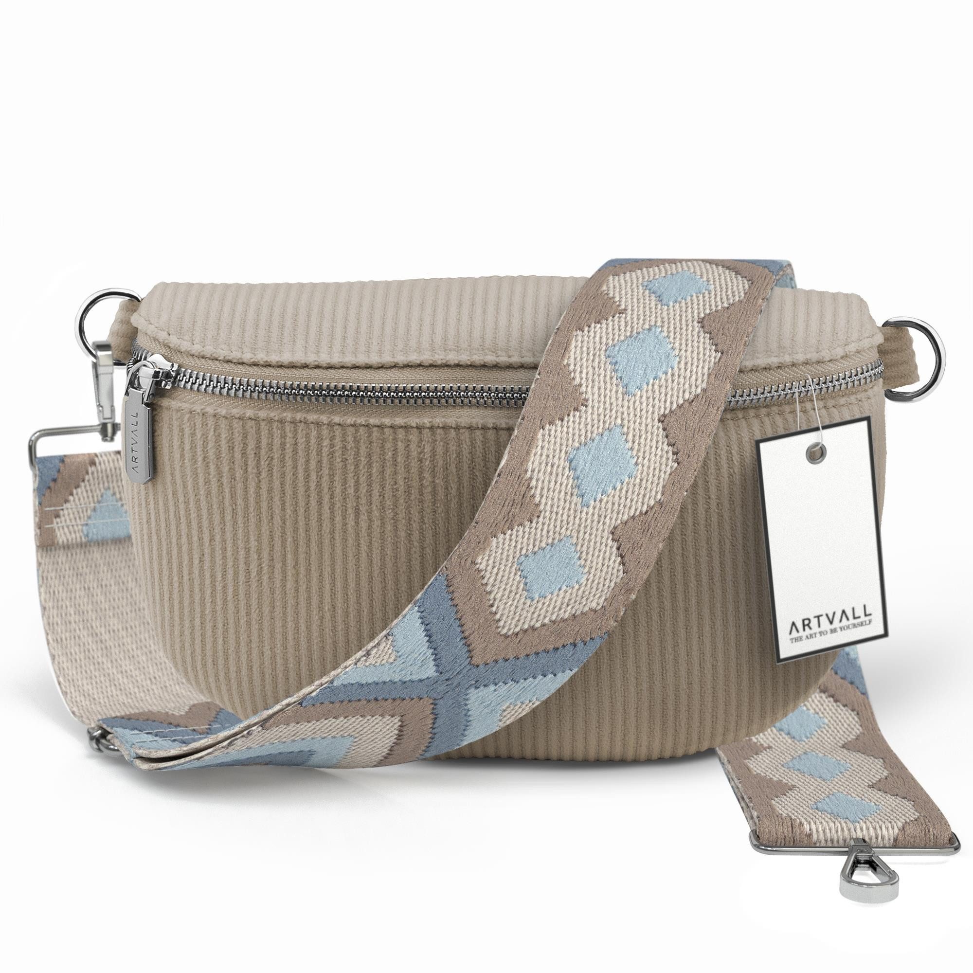 ARTVALL Umhängetasche Cord Handtasche Brusttasche Schultertasche Beige (Tasche inkl. Taschenband), Cord Bauchtasche Cordtasche Stoff weich abnehmbarer Taschengurt Klein