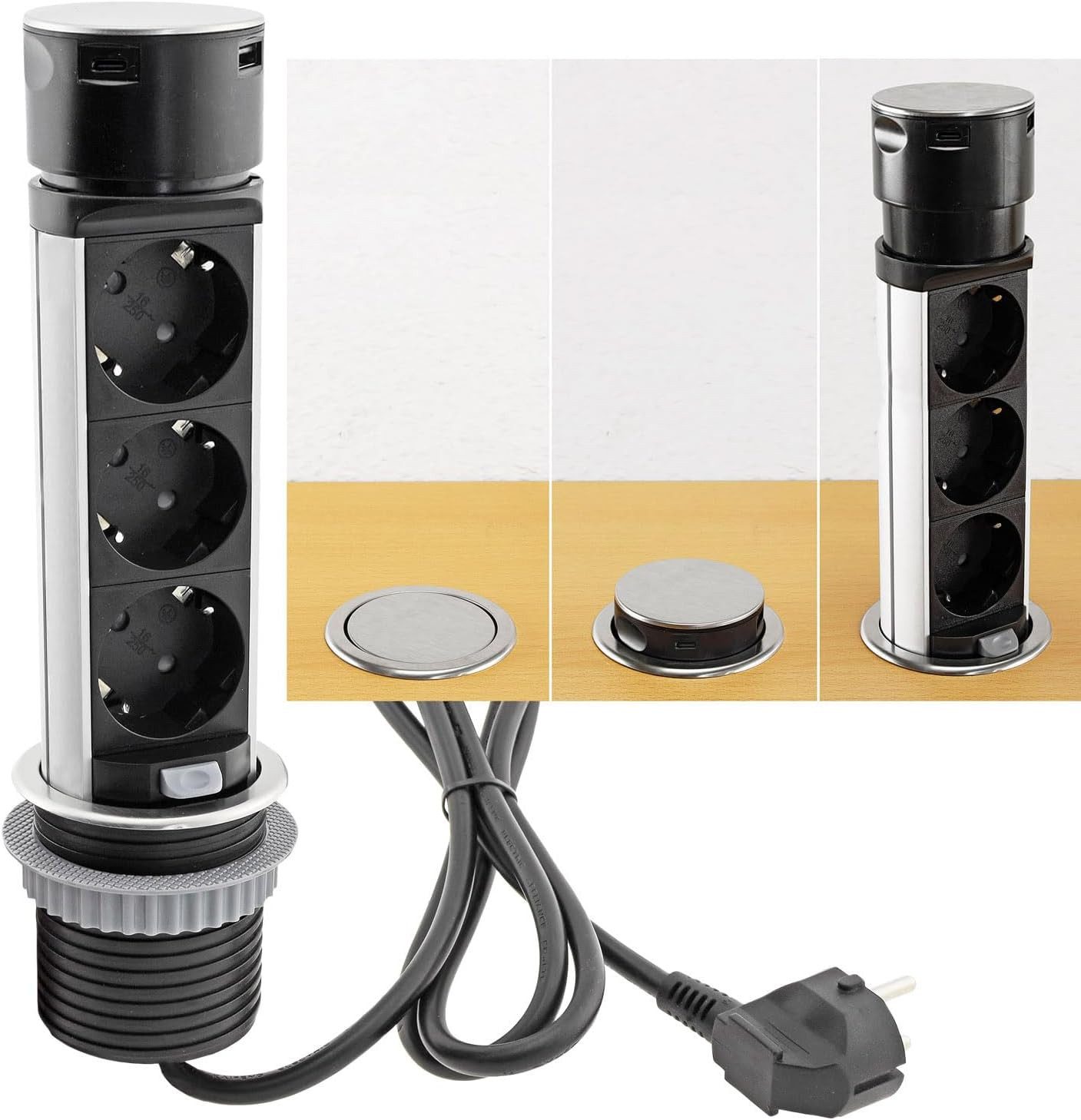 ChiliTec Schreibtisch-Einbausteckdose 3x + 1xUSB A+C versenkbar, Edelstahl, Mehrfachsteckdose