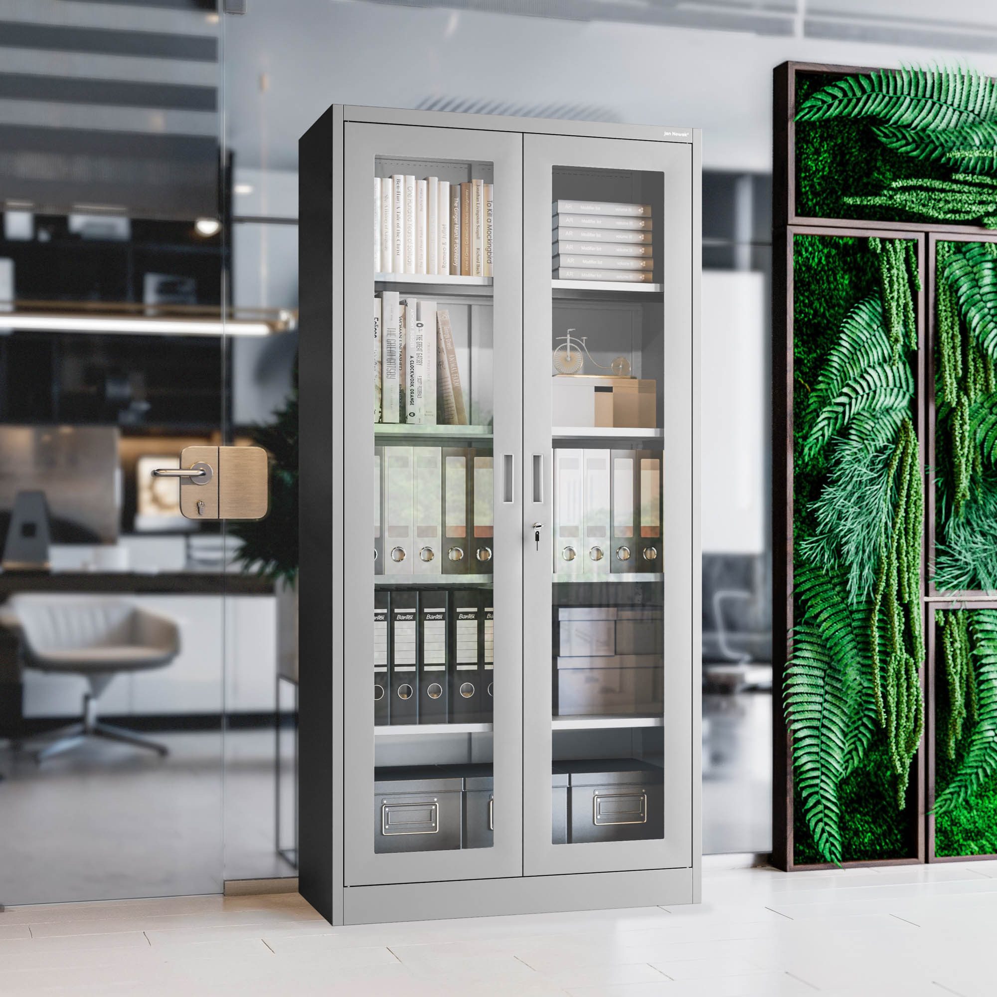 Jan Nowak Vitrine Metall Vitrinenschrank abschließbar 90 cm AMELIA Glasscheiben (Büroschrank Aktenschrank Büro Kanzlei Praxis Sozialraum, Stahl 0,6 mm 185 x 90  – Bild 4 von 5