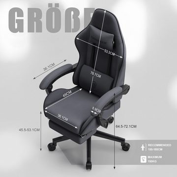 Dowinx Gaming-Stuhl Ergonomisches Design mit Massage-Lendenwirbelstütze, verstellbarer Drehstuhl mit Fußstütze, Grau