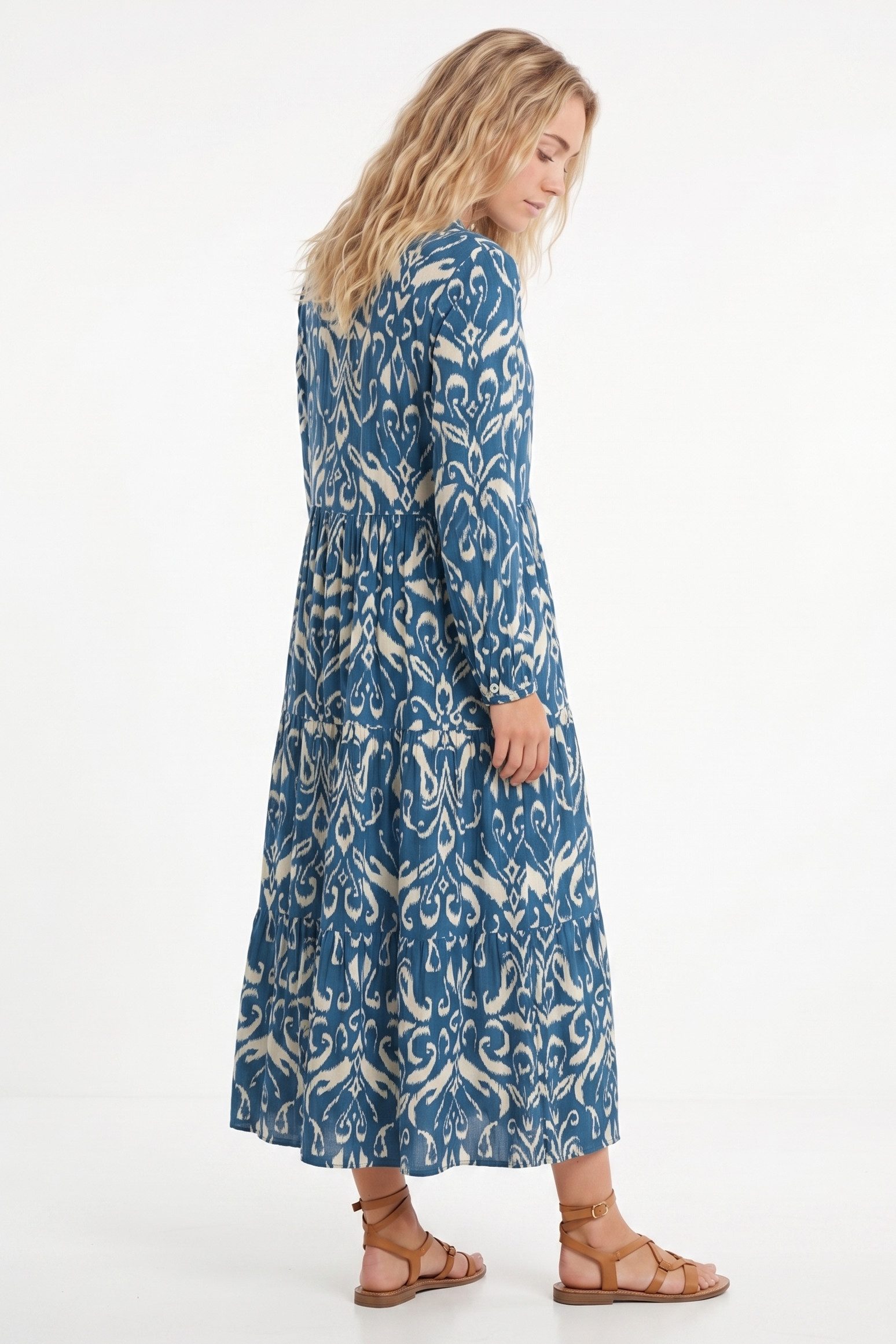 Kendindza Collection Sommerkleid Sommerkleid Damen Lang Viskose Elegantes Maxikleid lang Maxi Kleid Ikat-Print Knopfleiste & Schnurbund, Luftig Leicht – Bild 4 von 4