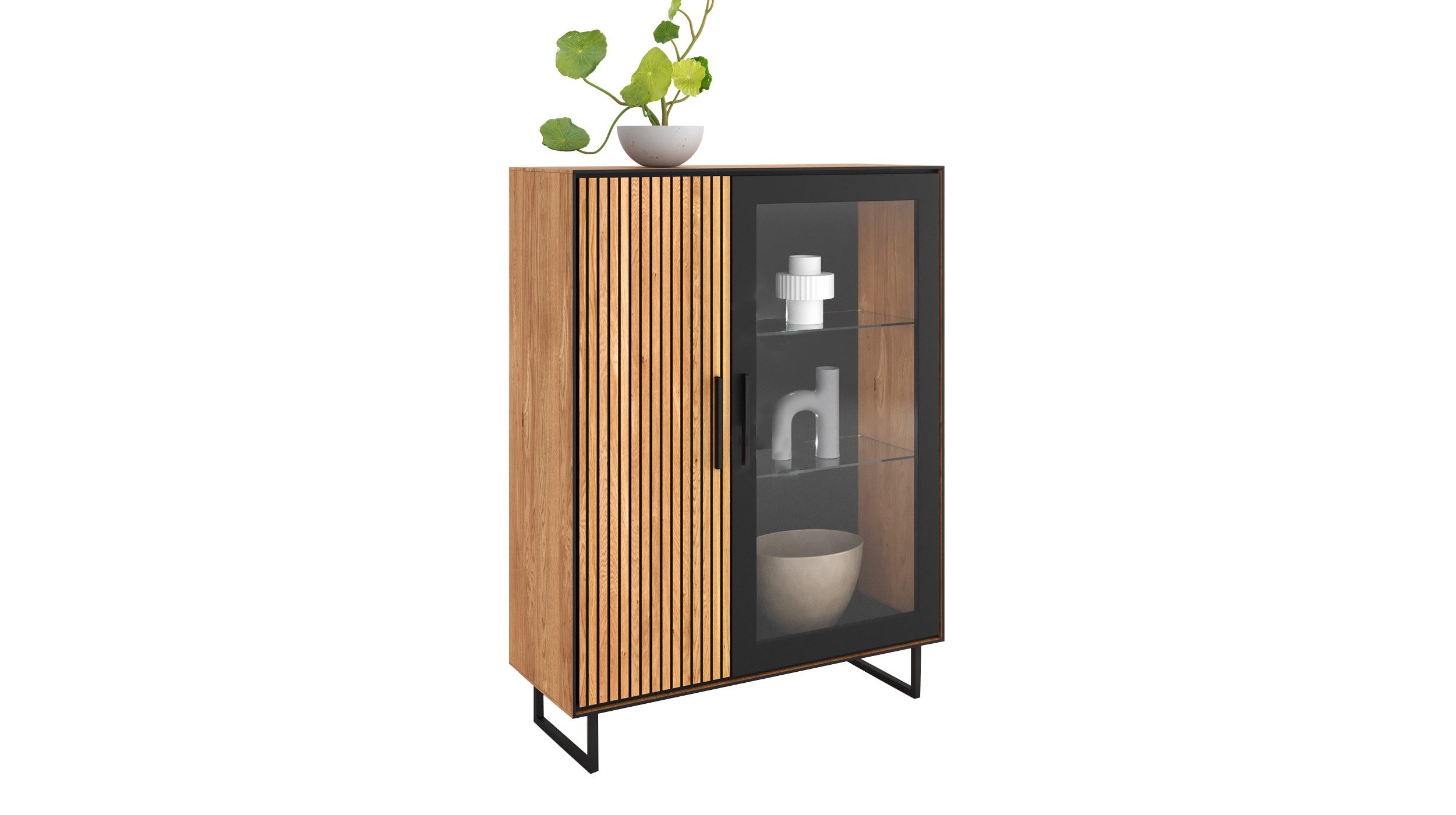 Massivart® Vitrine BELLA Vitrinenschrank mit Glastür / Massivholz Eiche geölt 1 Tür / 2 Glas- und 2 Einlegeböden / Soft-Close / Metallgriffe