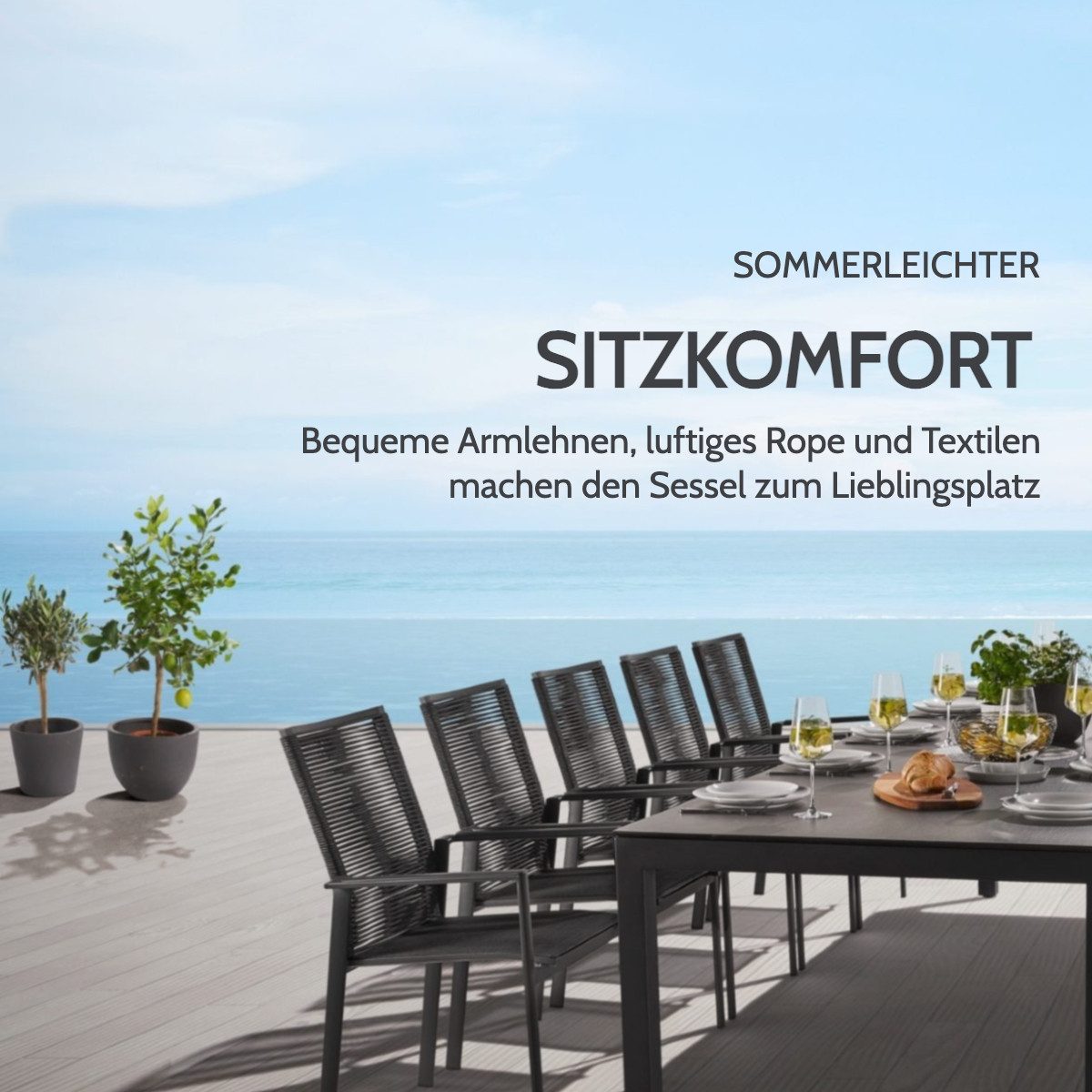 Liadomo Gartenstuhl Limbadi Stapelstuhl, Gartensessel, Stuhl für Terrasse & Balkon (Gartenstuhl-Set, 4 St), Armlehnen Aluminium, Rope anthrazit, Aluminium