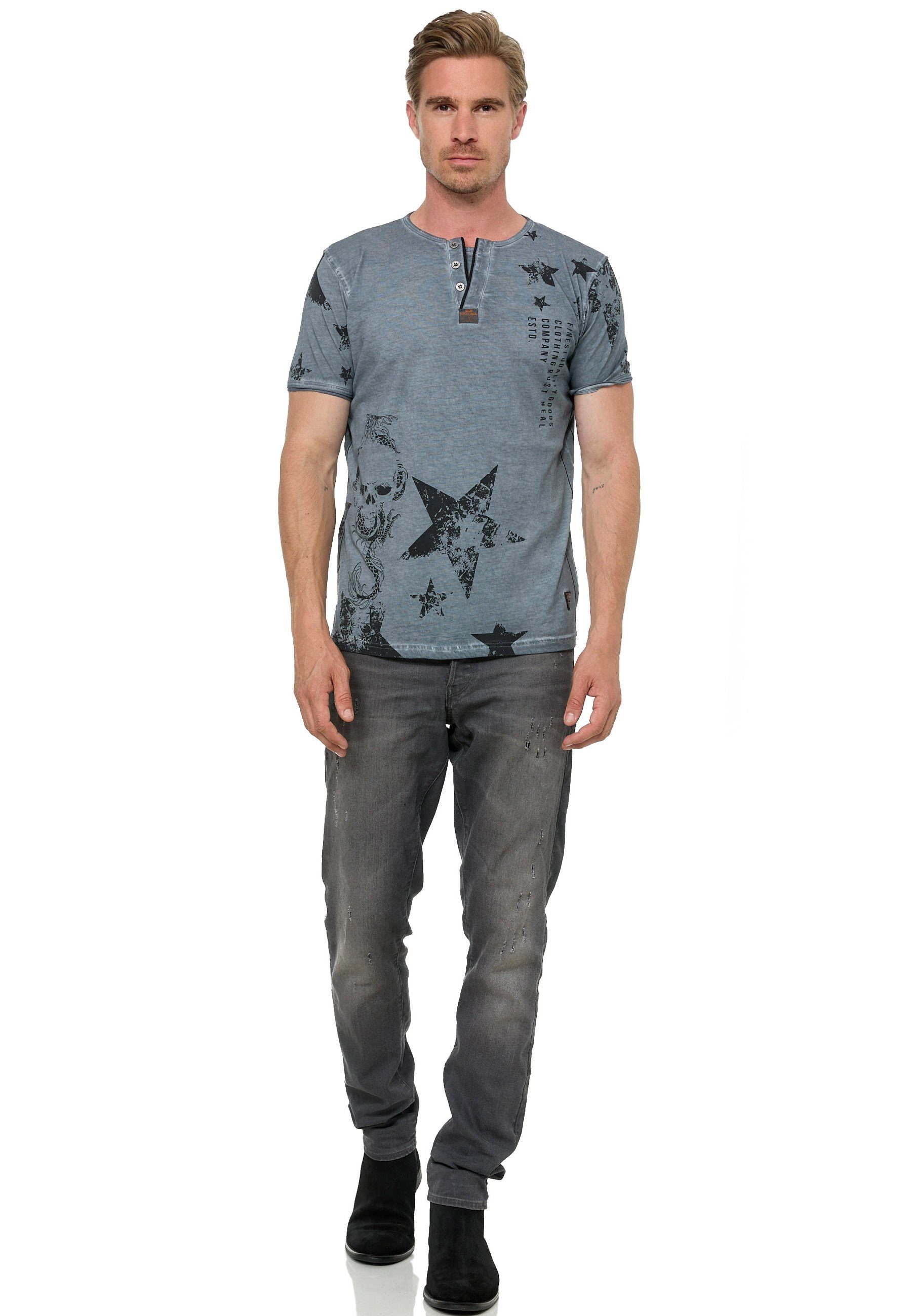 Rusty Neal T-Shirt mit Skull-Print und Knopleiste anthrazit