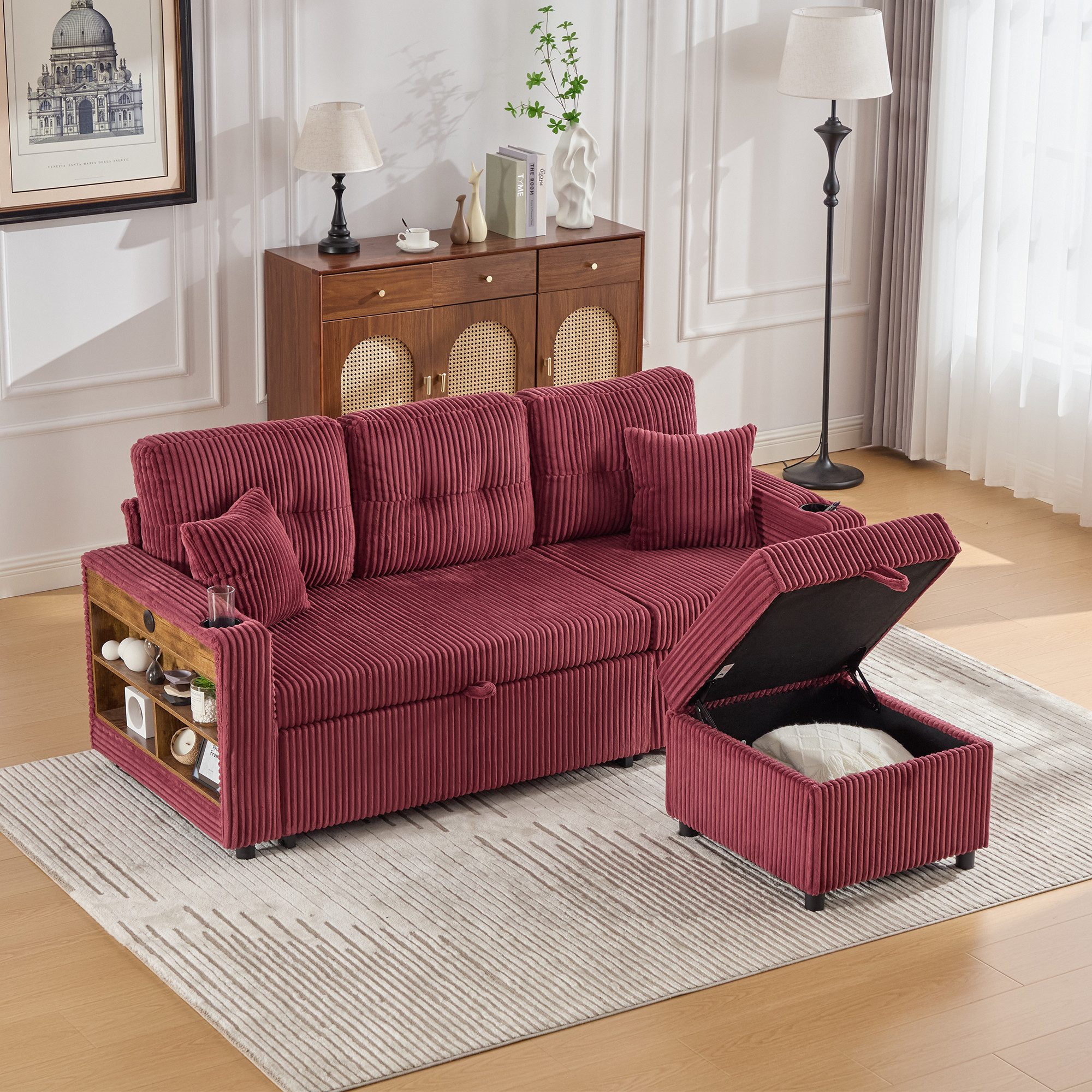 REDOM Sofa 2-in-1 Cord-Sofa mit Stauraum, LED-Ambiente und Ausziehbett, Loungesofa Schlafsofa, 196x82-144x85 cm