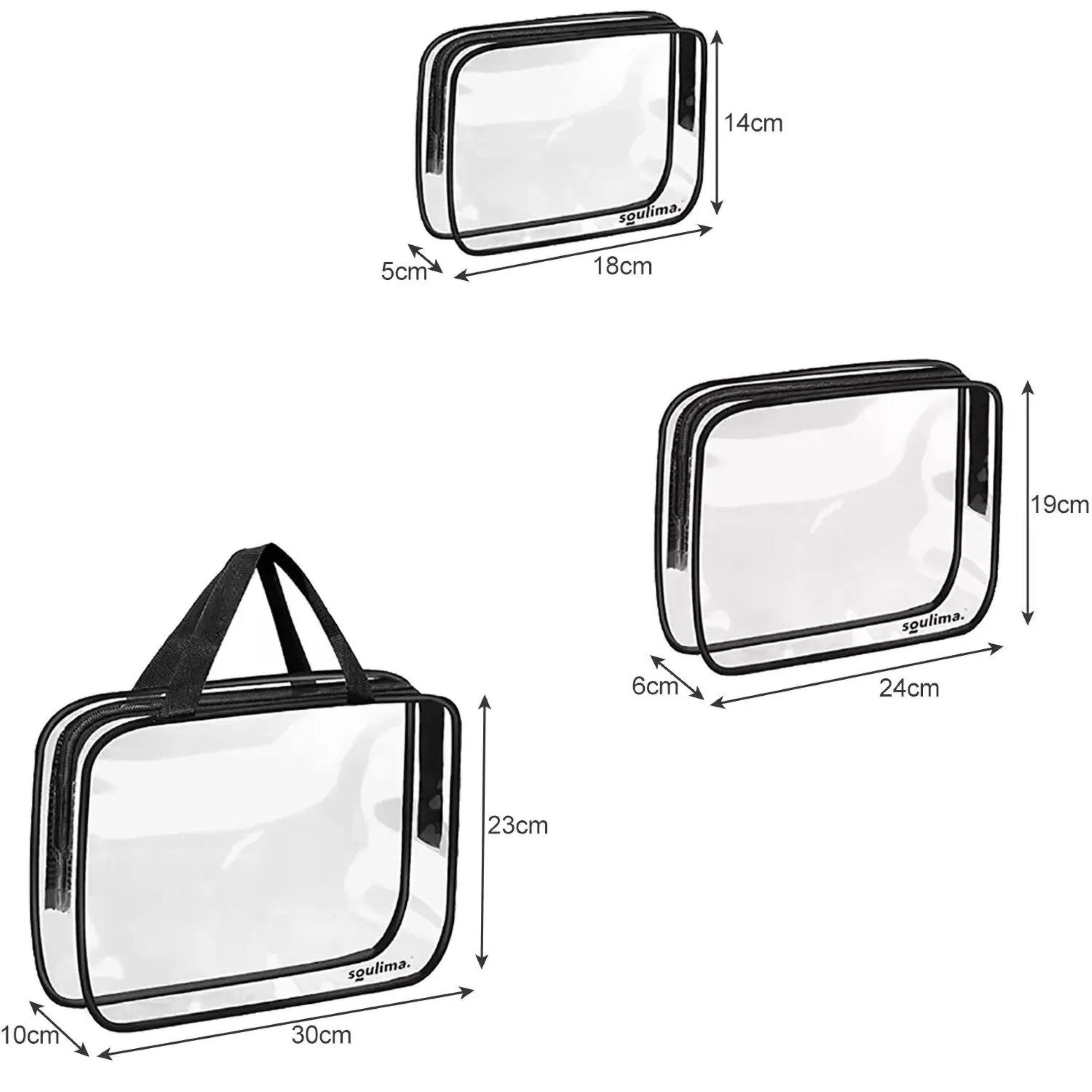 soulima Kosmetiktasche Kosmetiktasche Transparente Kosmetiktaschen 3er Set Reise Organizer (Kulturbeutel Set transparent in verschiedenen Größen mit Griffen, 3-tlg., Kosmetiktaschen Set 3teilig für Reise Badezimmer und Handgepäck), Wasserabweisendes PVC Organizer Set mit Reißverschluss fürs Flugzeug