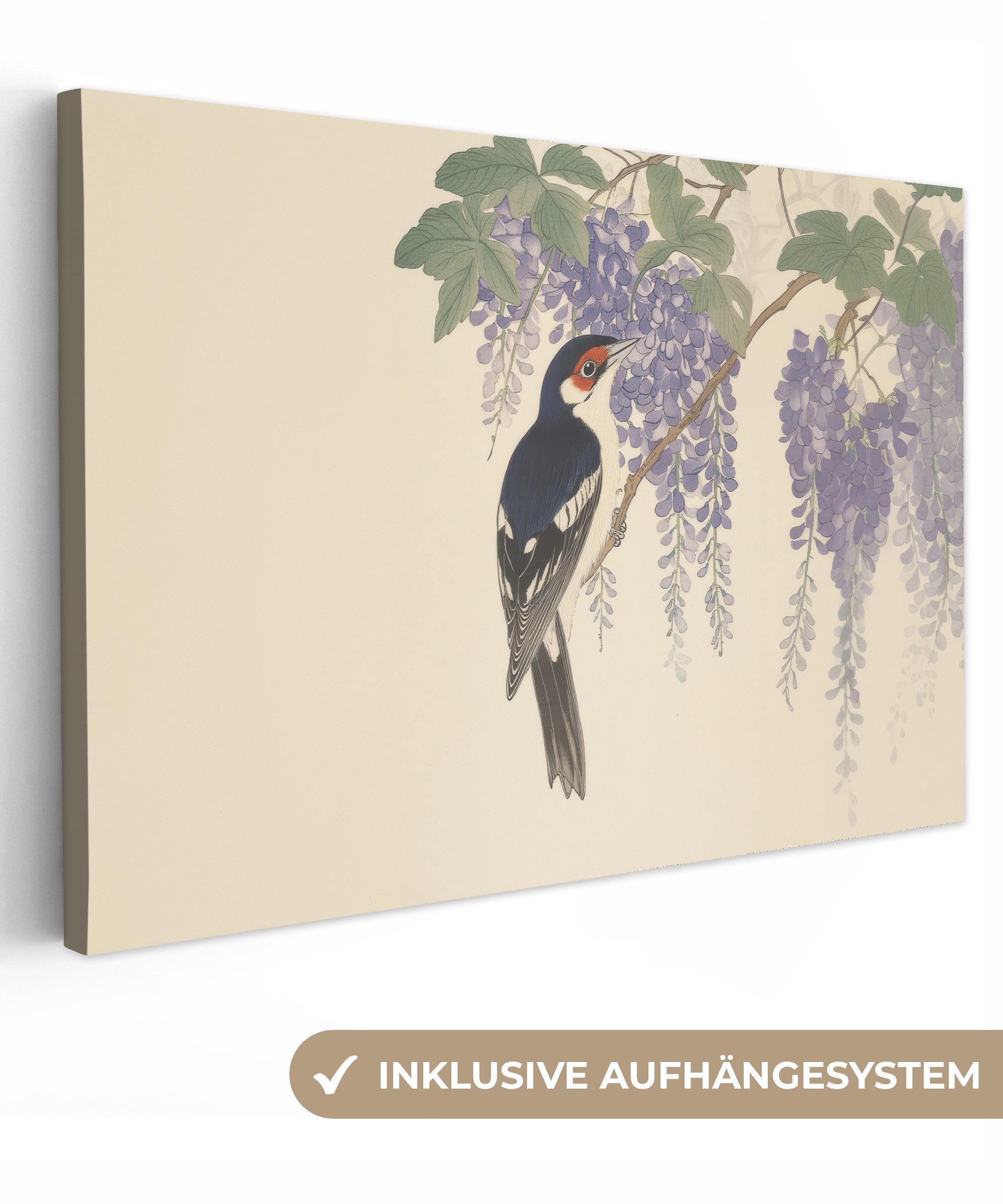 Leinwandbild Specht - Blumen - Lila