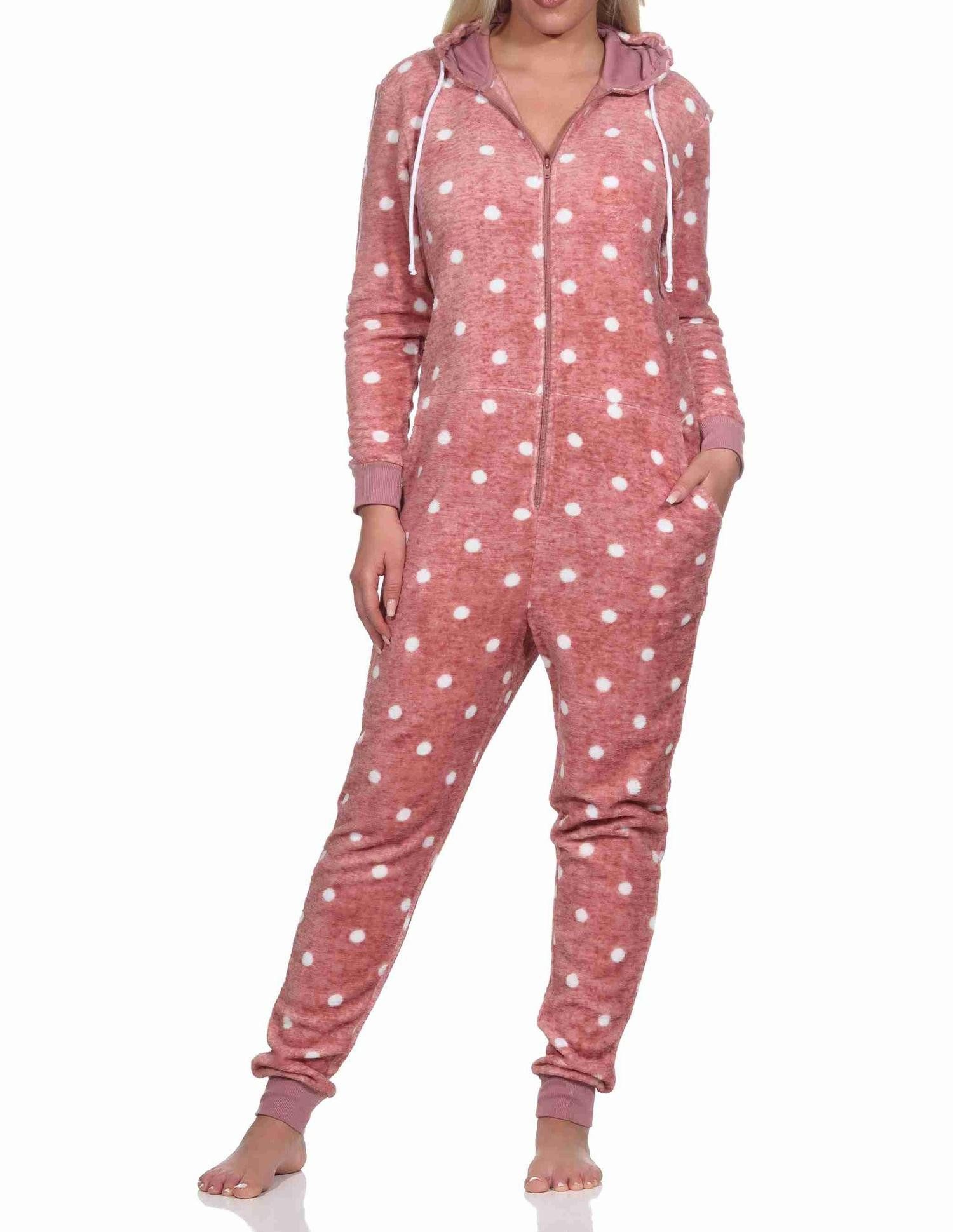 Normann Pyjama Kuschelig warmer Damen Jumpsuit Schlafanzug in Tupfen Punkte Optik