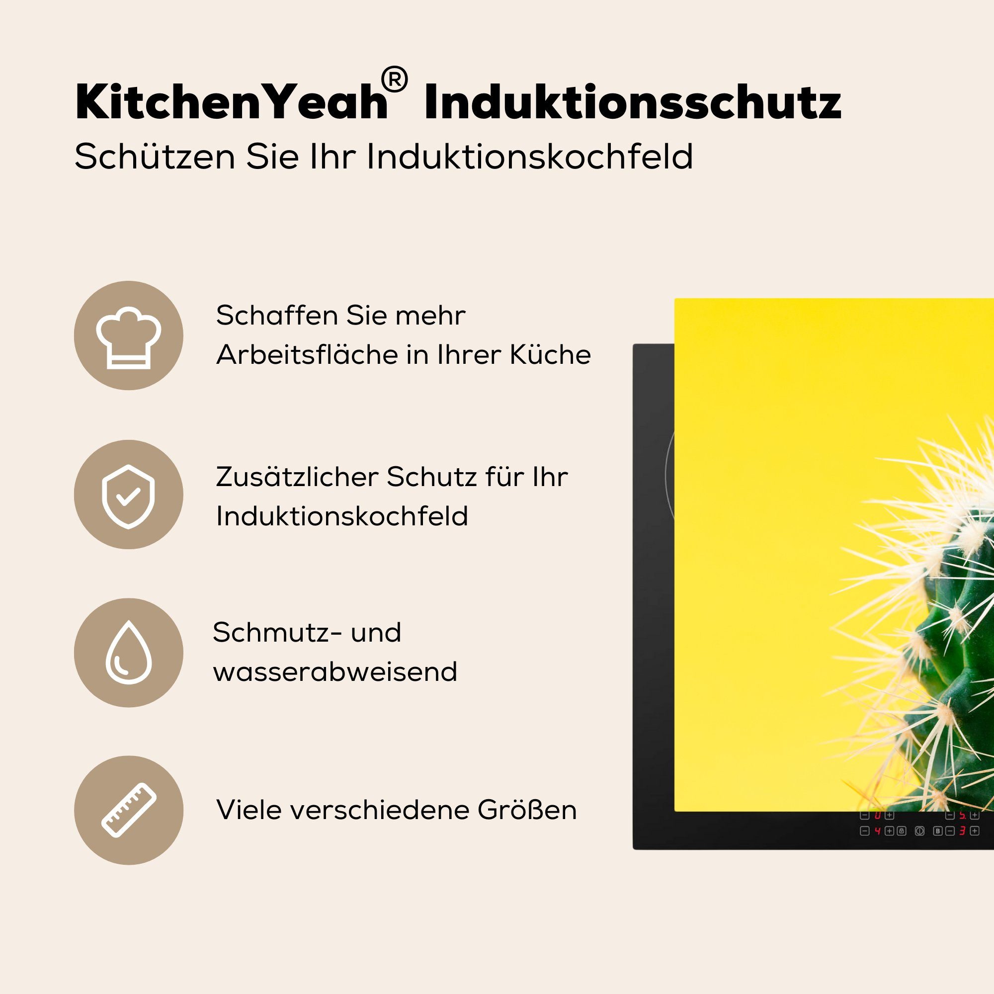 MuchoWow Herdblende-/Abdeckplatte Kaktus cm, gelb, Ceranfeldabdeckung (1 küche, Induktionskochfeld Vinyl, auf für Schutz 81x52 die tlg)