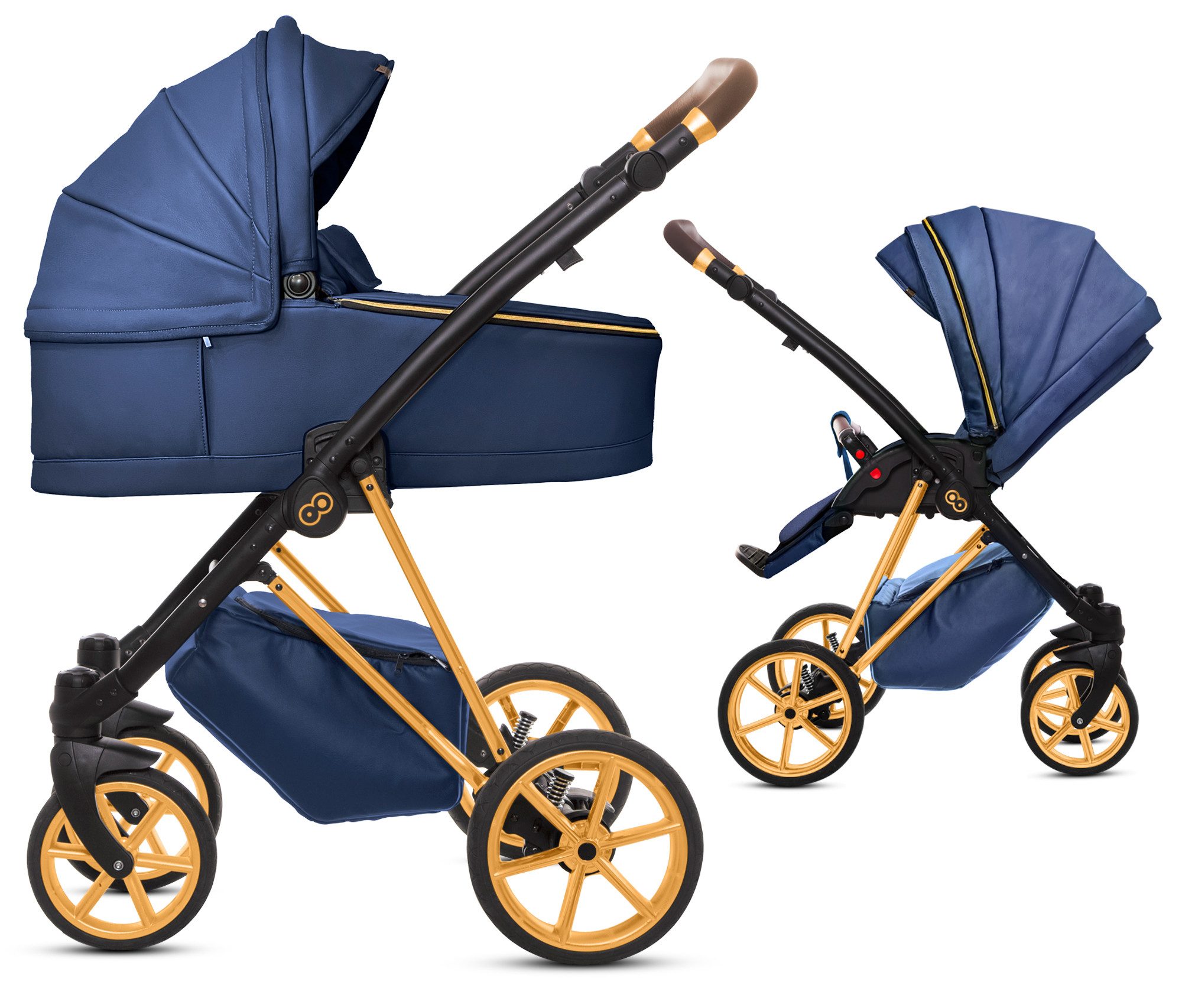 TPFFamily Kombi-Kinderwagen 2in1 Musse Royal, Baby Buggy Babywanne 5-Punkt-Sicherheitsgurt, Zubehör-Set Kinderwagen 2 in 1 Kunstleder Blau, Gestell Gold
