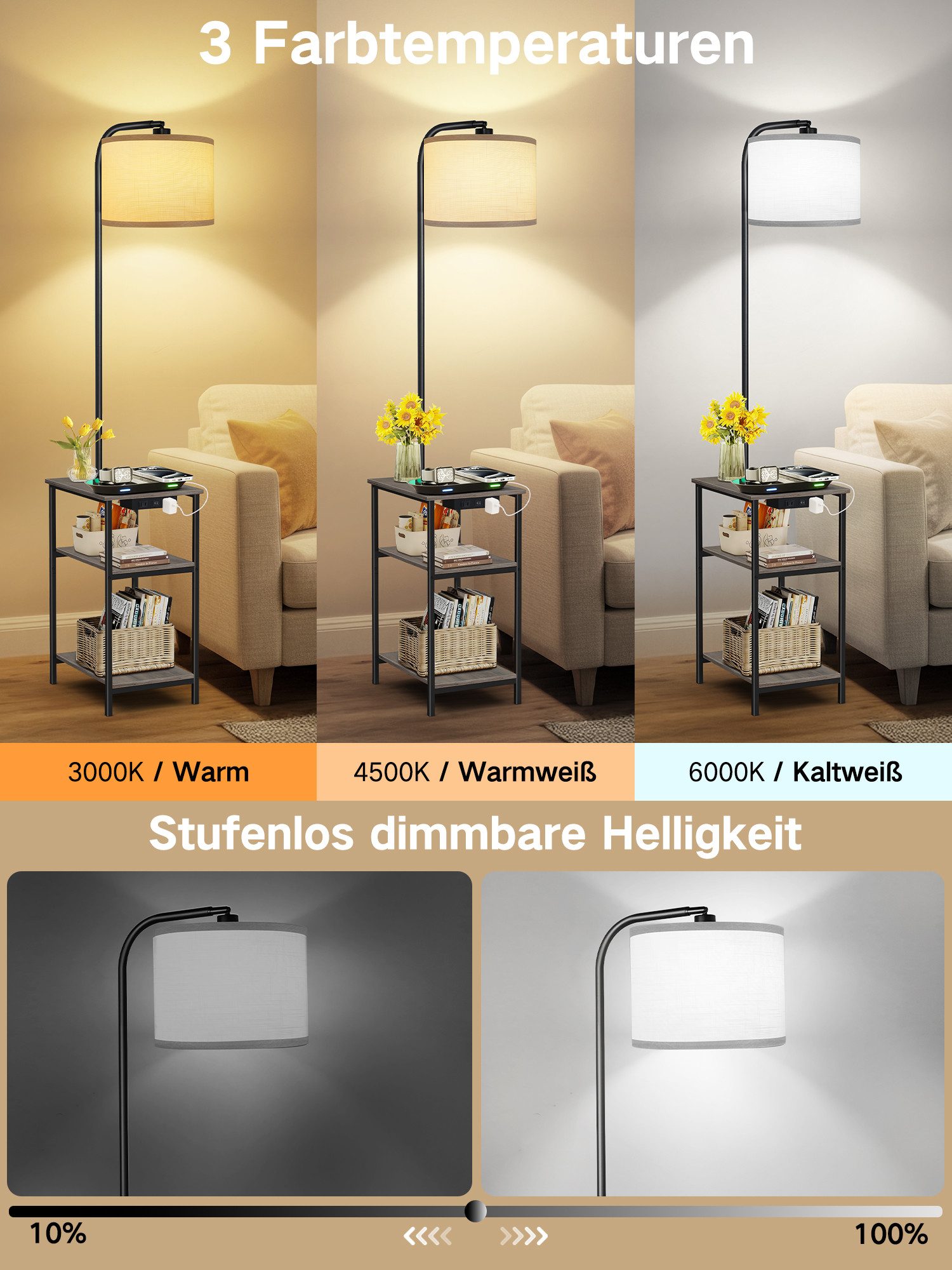 OUTON Stehlampe LED-Tisch mit 2 Stoffschubladen/3 Ablagen & USB