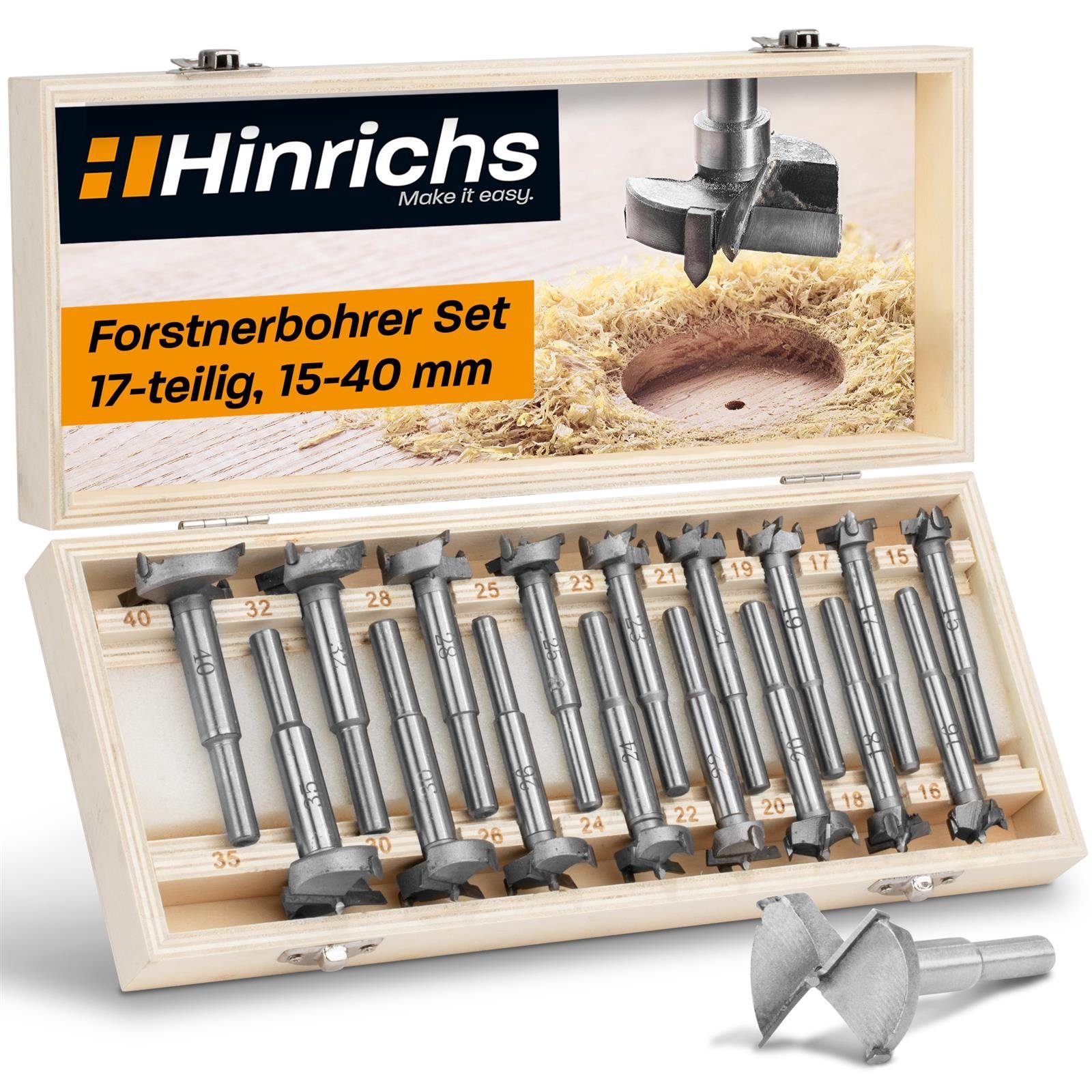 Set 17-tlg), Forstnerbohrer Forstnerbohrer mit Bohrern Hinrichs 17 verschiedenen Aufbewahrungsbox, (Set, in Holz