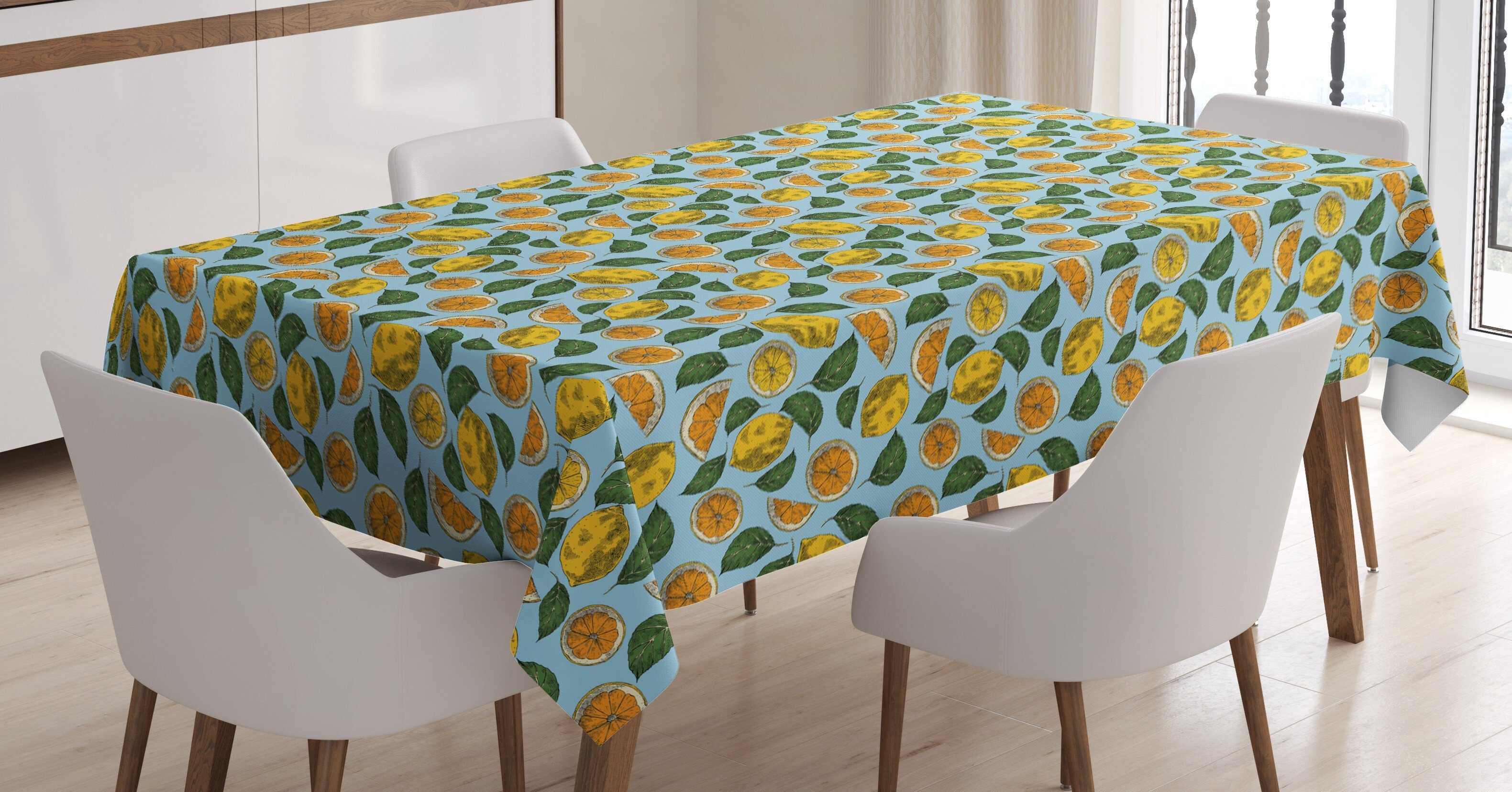 Abakuhaus Tischdecke Farbfest Waschbar Für den Außen Bereich geeignet Klare Farben, Zitrone Saure Frucht und Blatt-Muster