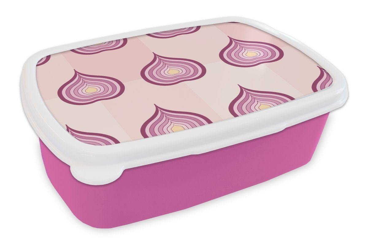 MuchoWow Lunchbox Lila - Muster - Zwiebeln, Kunststoff, (2-tlg), Brotbox für Erwachsene, Brotdose Kinder, Snackbox, Mädchen, Kunststoff rosa