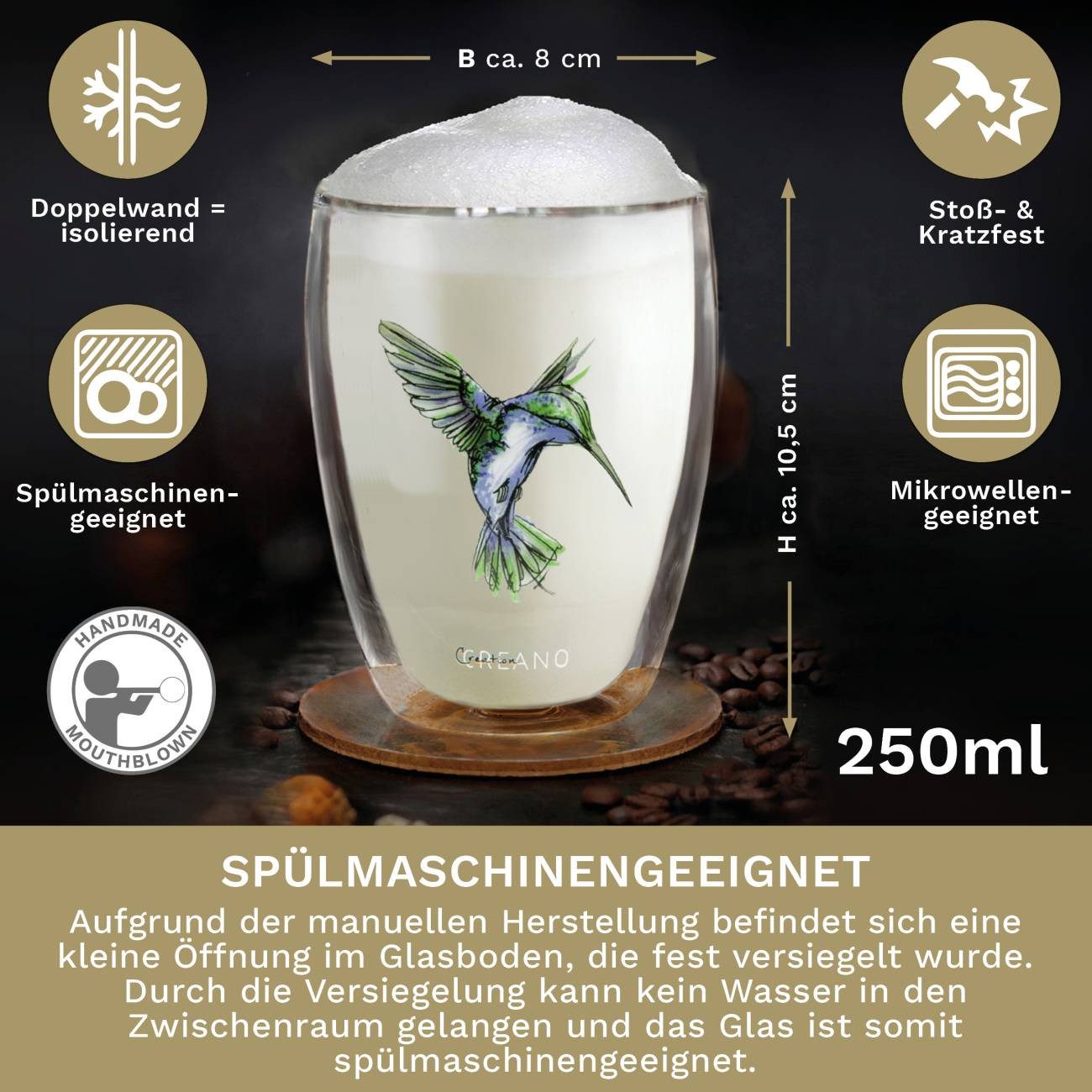 Creano Teeglas Tee-Glas, Latte Machiato, Thermobecher Kolibri blau, 250ml, Borosilikatglas, 1-teilig