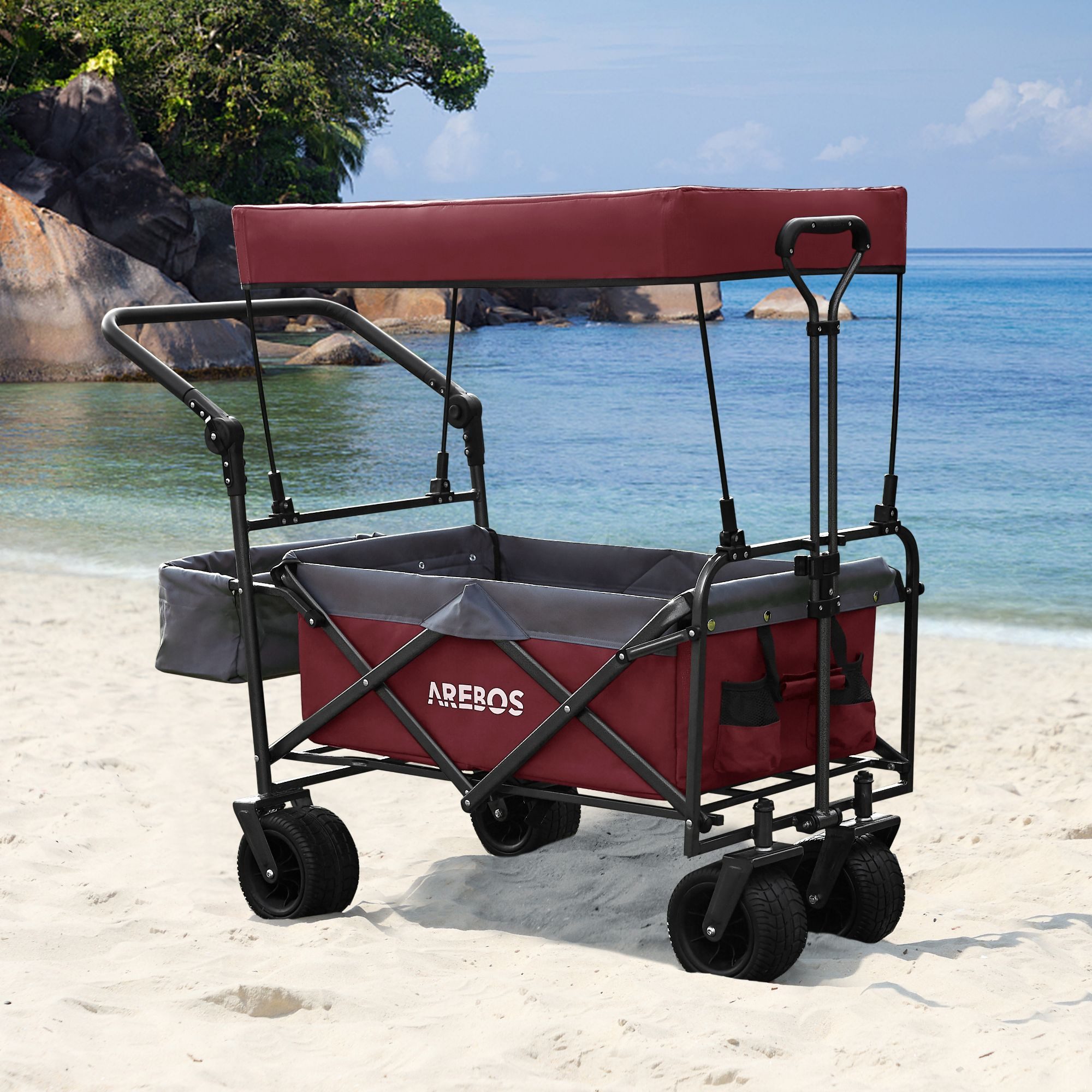 Arebos Bollerwagen faltbar mit Dach Handwagen 100 kg, wasser- & schmutzresistent (Rot/Grau), wasser- & schmutzresistent