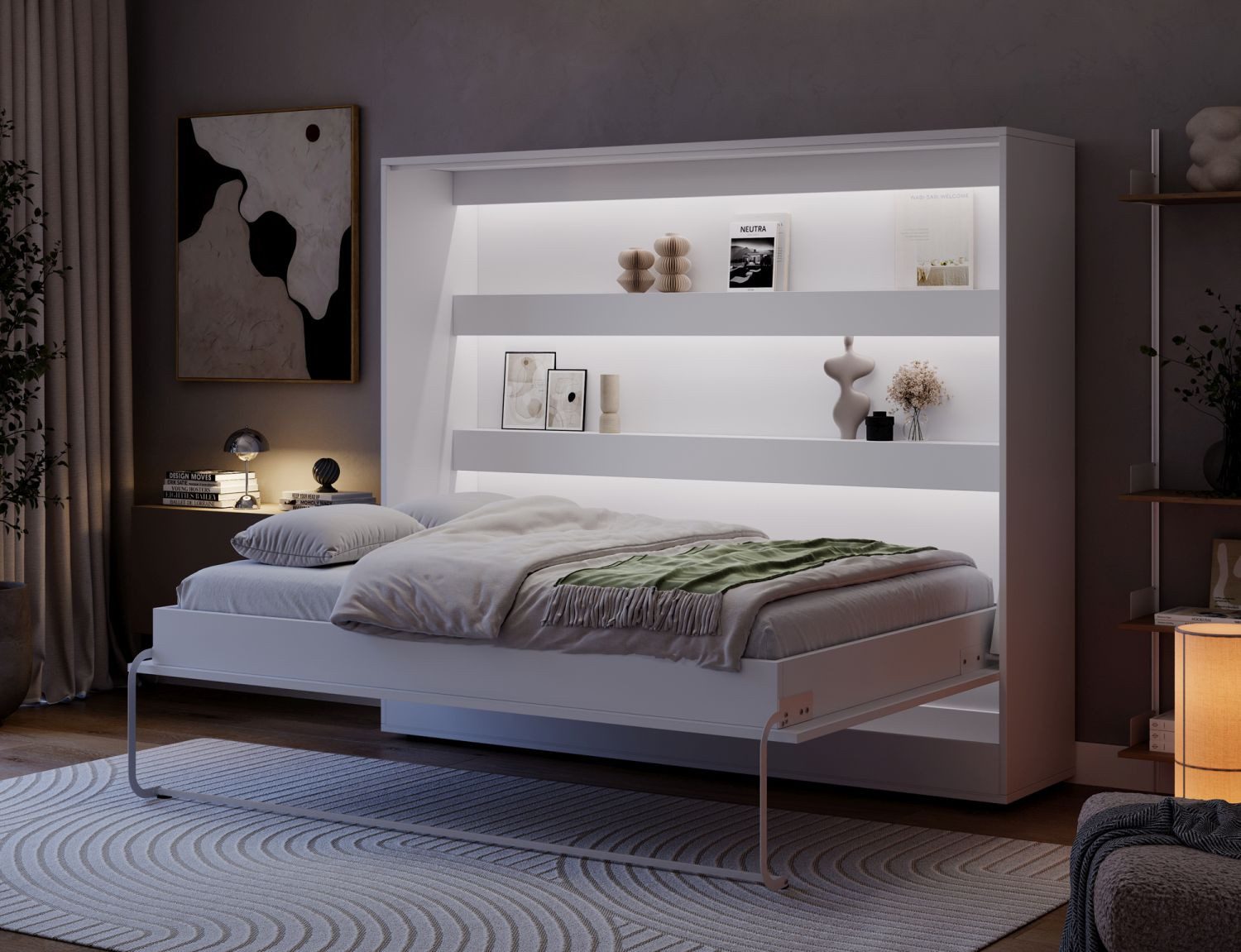 Lukas Möbel Schrankbett Wandbett Schrankbett Devento Horizontal 140/160x200 mit LED mit LED, mit Lattenrost, weiß oder Eiche Artisan, made in EU