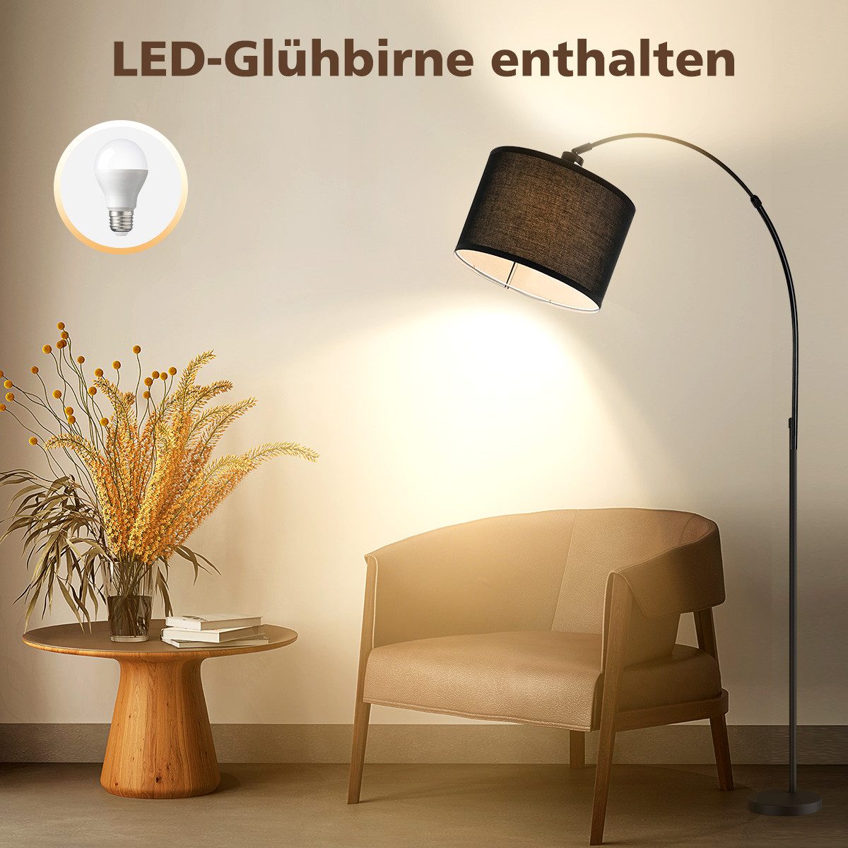 Simloveve Stehlampe Moderne Bogenlampe LED Stehlampe mit 12W E27 LED-Glühbirne, Marmorfuß, Textilschirm, drehbarer Lampenkopf, Höhenverstellbar, LED wechselbar, Standleuchte Vintage für Wohnzimmer, Schlafzimmer, Büro