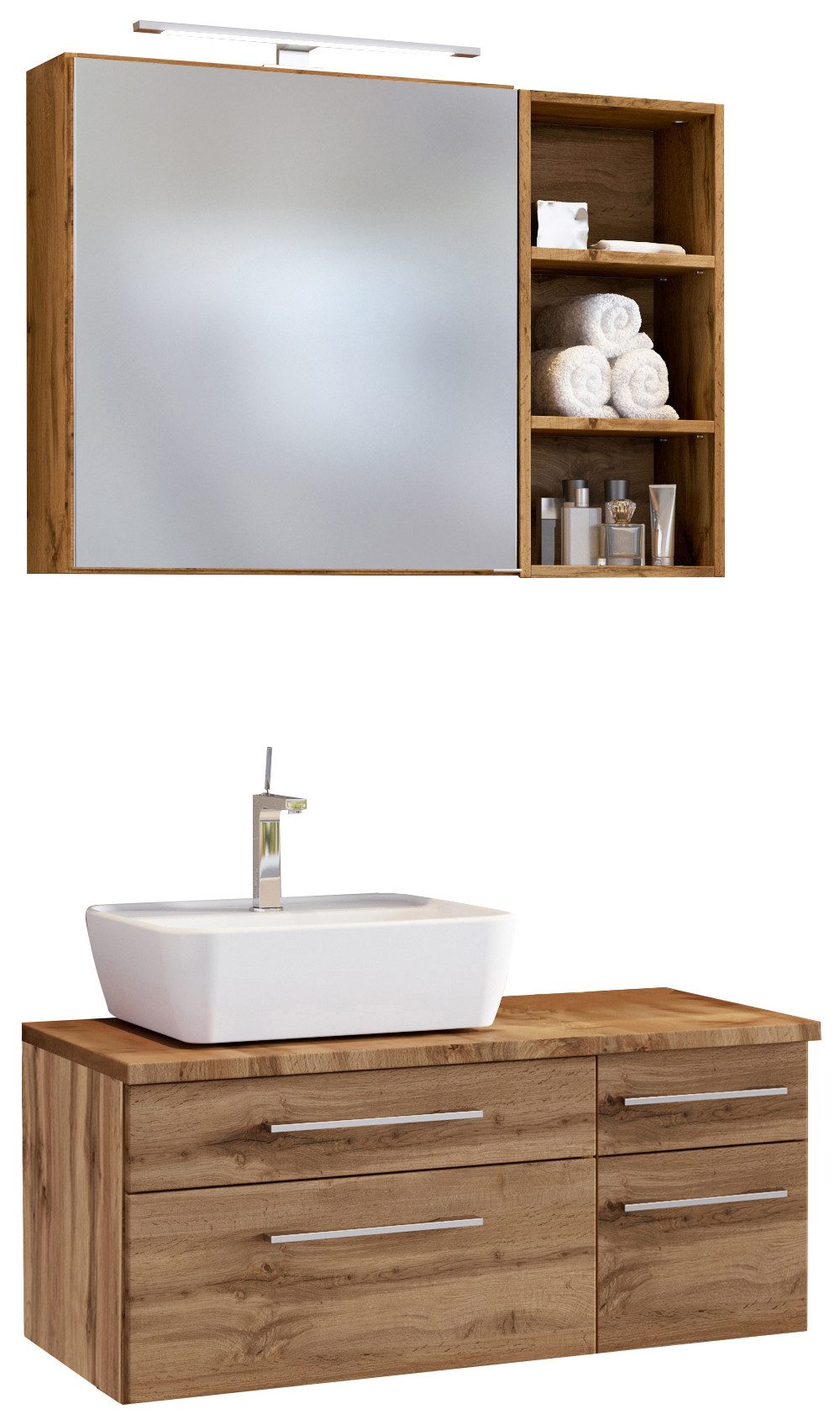 Basera® Badmöbel-Set Basera® Avola 90 cm breit, Wotaneiche, inkl. LED-Spiegelschrank, Hängeregal und Waschtisch m...