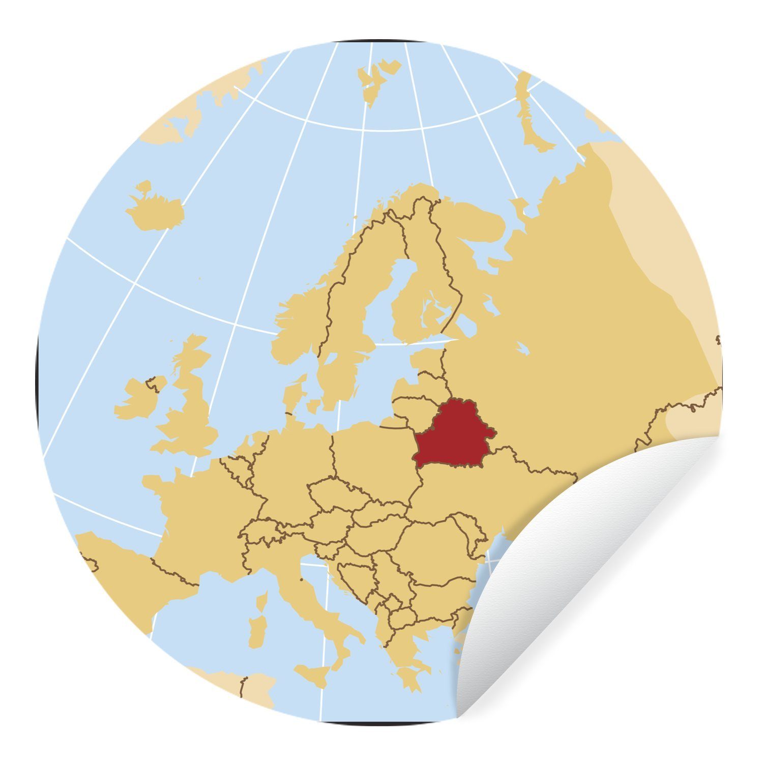 in Wohnzimmer Illustration einer für Belarus MuchoWow Rot Tapetenaufkleber, Europakarte St), mit Kinderzimmer, Rund, (1 Wandsticker Tapetenkreis