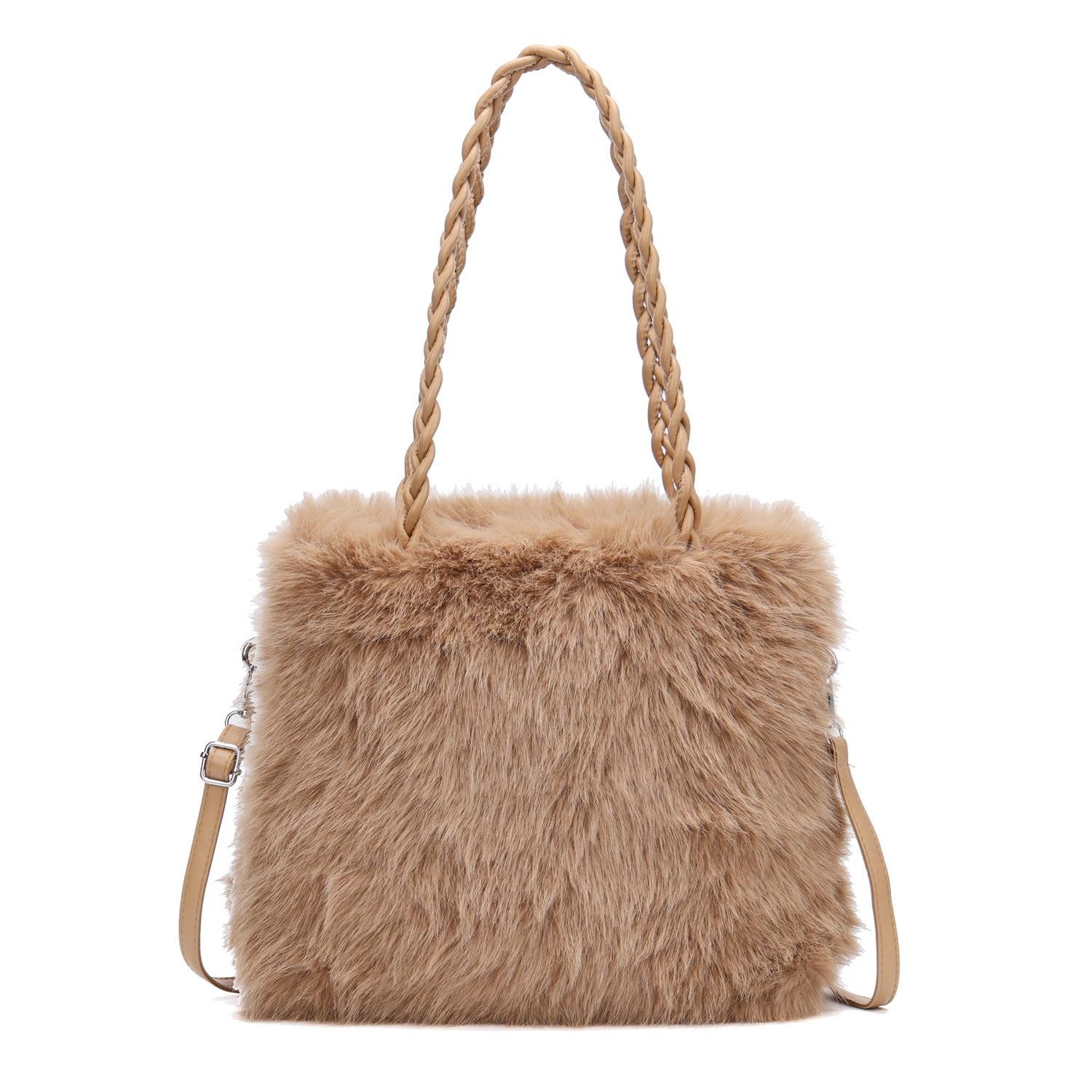 ITALYSHOP24 Schultertasche Damen PELZ TASCHE Shopper Tote Bag CrossOver Umhängetasche Kunstpelz, FLECHTOPTIK Hobo Bag Fell Kunstfell Handtasche Teddytasche Plüsch