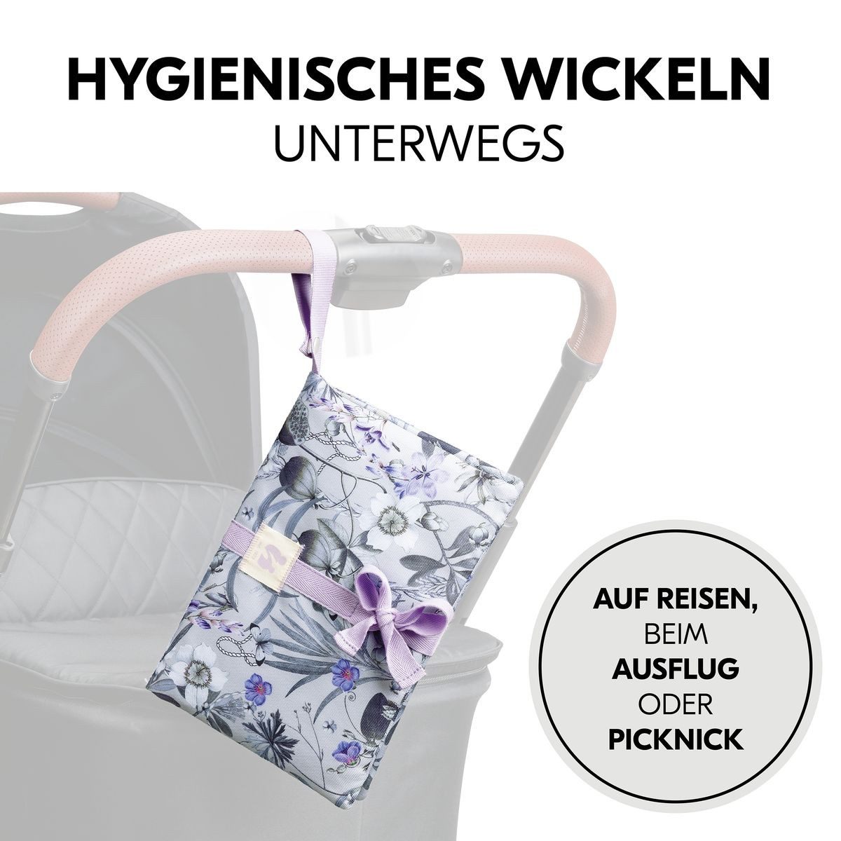 Hauck Wickeltasche Change N Walk - Floral Grey, Windeltasche mit Wickelunterlage, Organizer, Wickeltetui mit Schlaufe