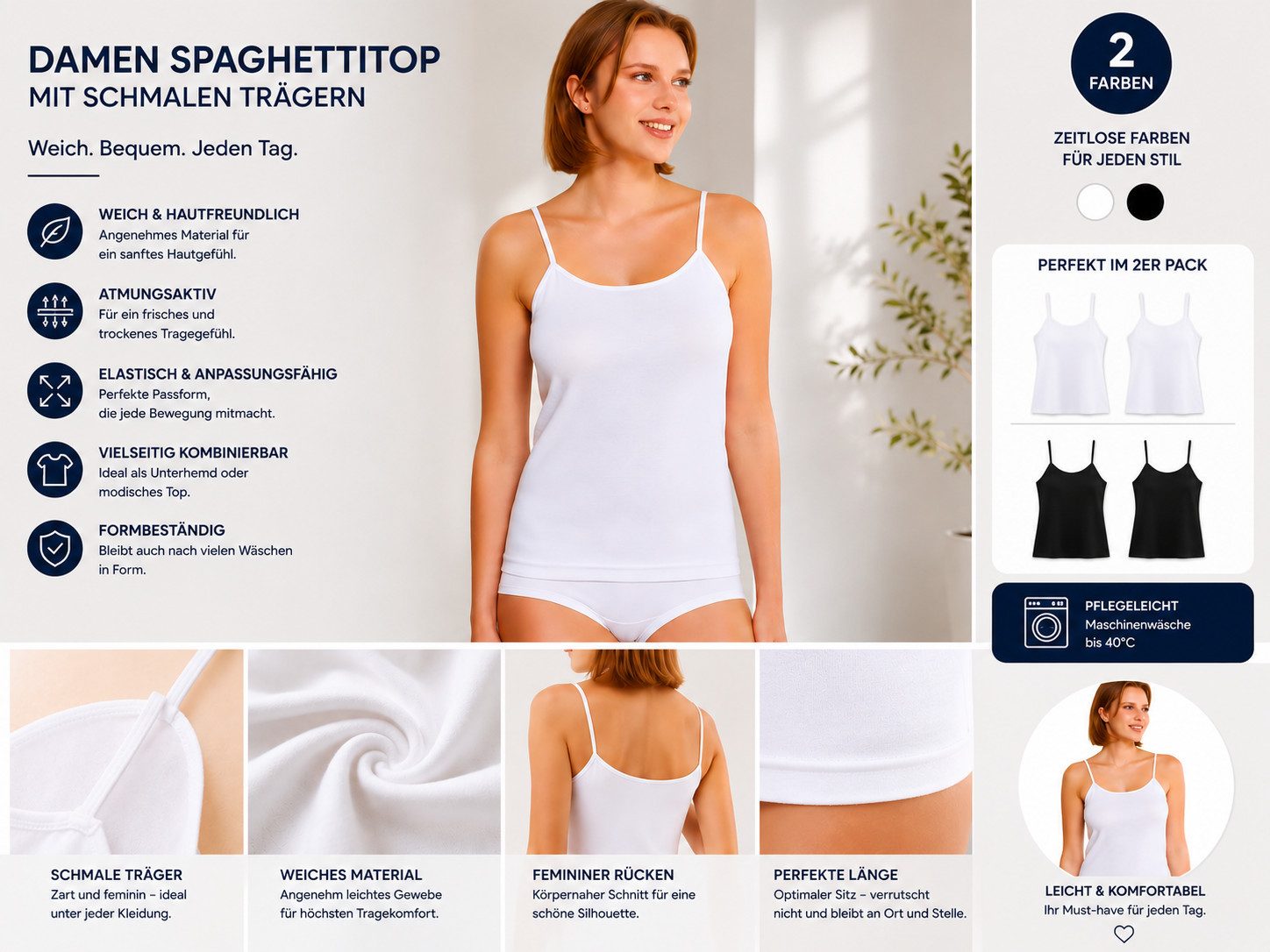 Berrak Unterhemd Damen Tank Top Achselhemd Weiß Spaghettiträger A2036 (Spar-Set, 4-St., 4er-Pack) aus 100% Baumwolle Weiß