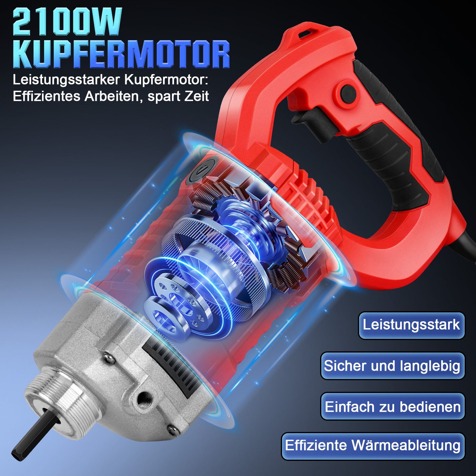 XERSEK Betonverdichter Elektro Betonrüttler 2100W Handrüttler mit Ø38mm Rüttelkopf 6800 U/min, (Selbstsperrschalter ABS-Lüftern 1.5-2m Vibrationskopf Bereich max.45cm), Betonverdichter, Innenrüttler Für Straßen Gießen, Mauer/Häuser Bauen