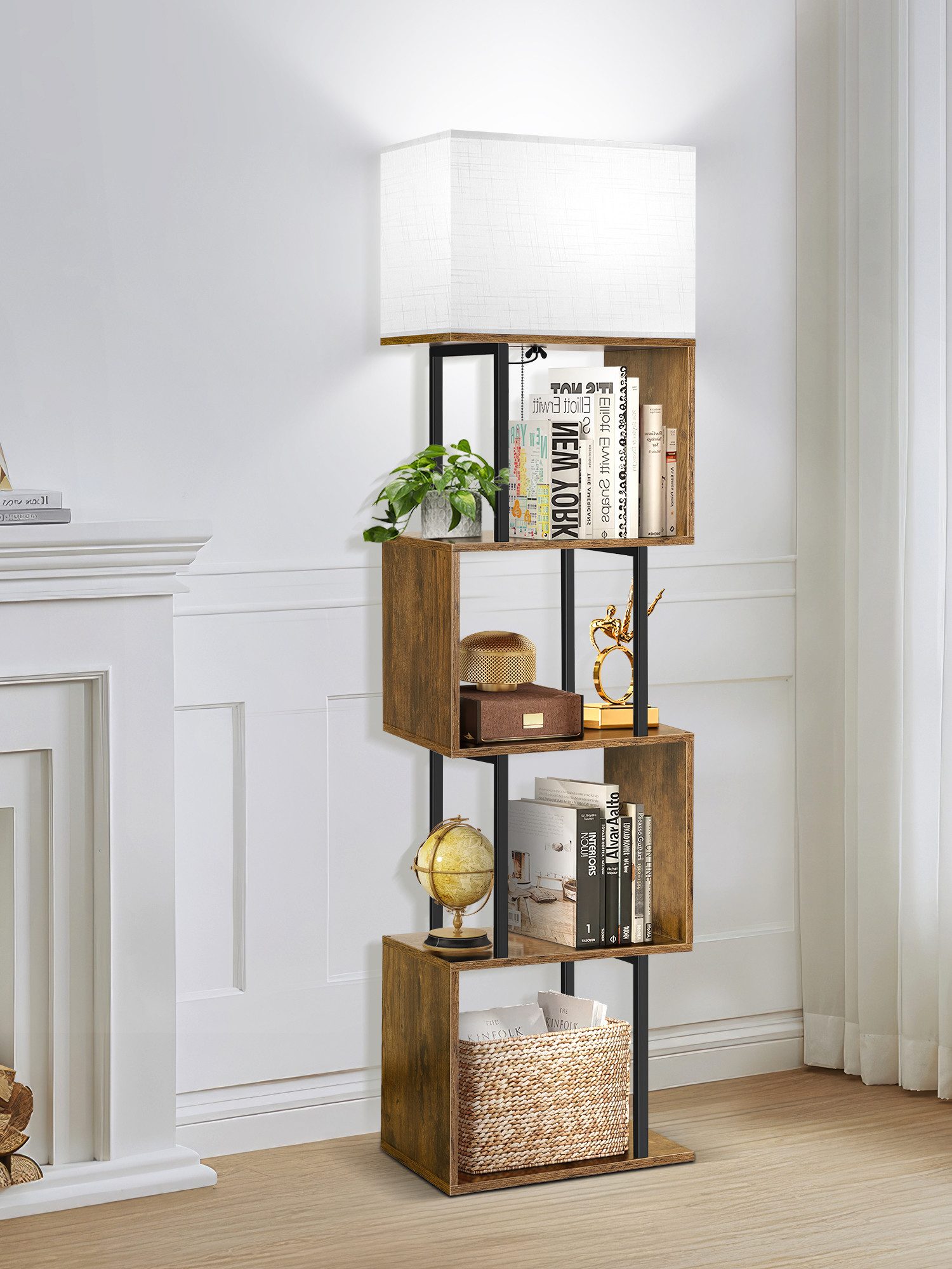 OUTON Stehlampe S-förmiges Bücherregal mit Beleuchtung, 4 Ebenen, Fernbedienung, 3000K-6000K, gelb/schwarz – Bild 2 von 5