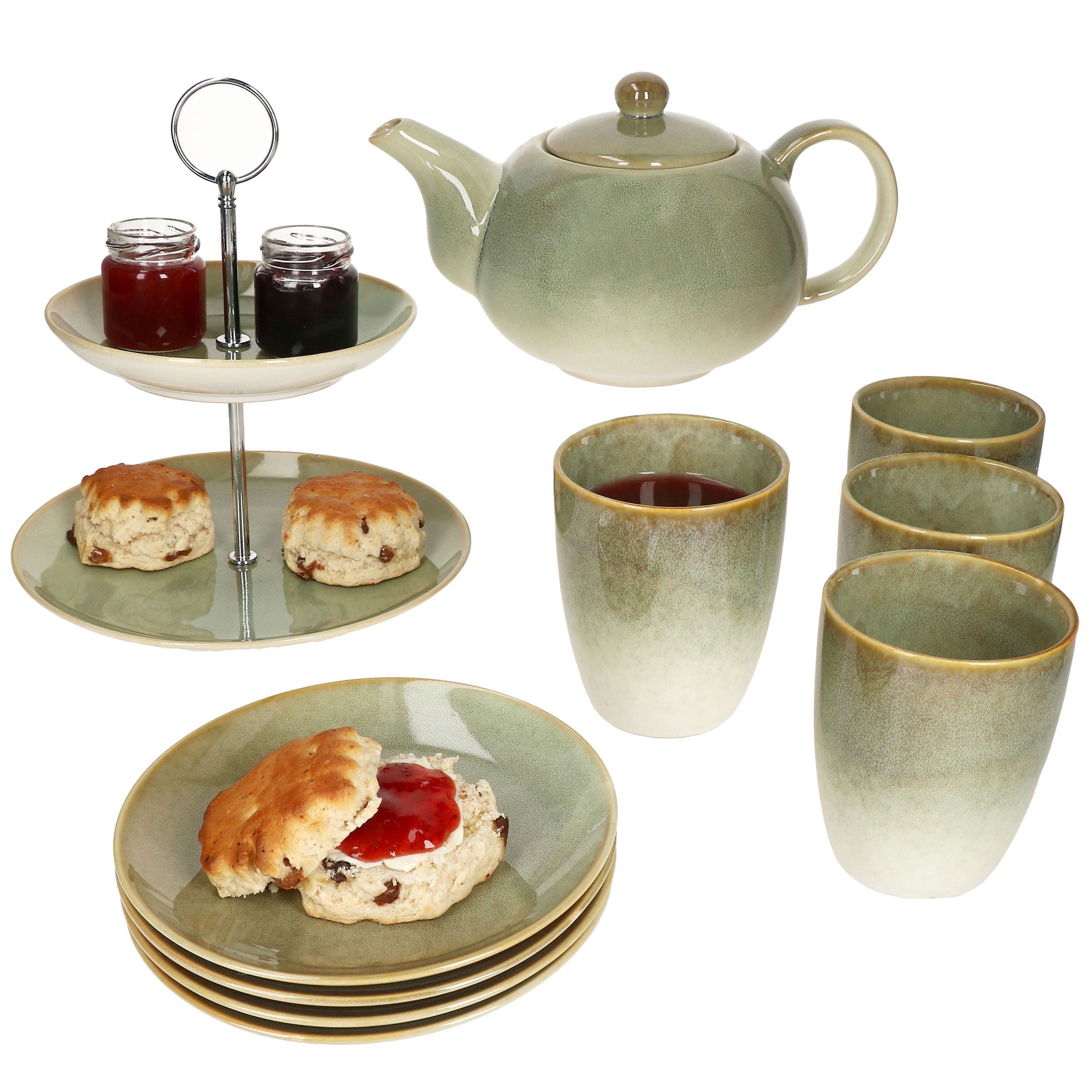 MamboCat Teekanne 10tlg Teeset Scones Grün Etagere Kanne Becher Teller 4 Pers Teeservice