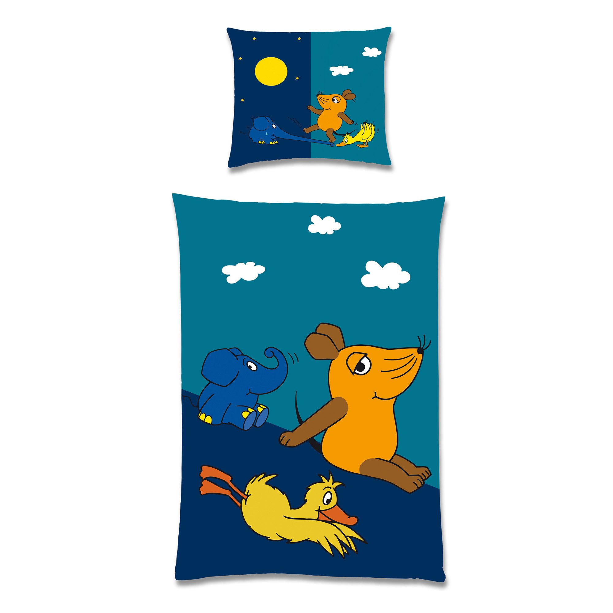 BERONAGE Kinderbettwäsche Die Sendung mit der Maus Bettwäsche Night Biber / Flanell Bettbezug, 100% Baumwolle, 2 teilig, 135x200 + 80x80 cm