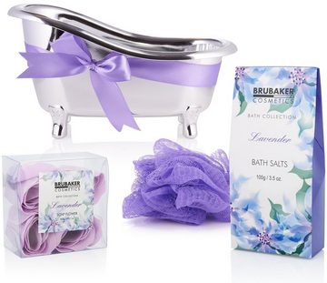 BRUBAKER Hautreinigungs-Set Wellness Geschenkset für Frauen mit Lavendel Duft, 7-tlg., Beauty Dusch- und Badeset für Damen, Pflegeset in Deko Badewanne, Silber Lila