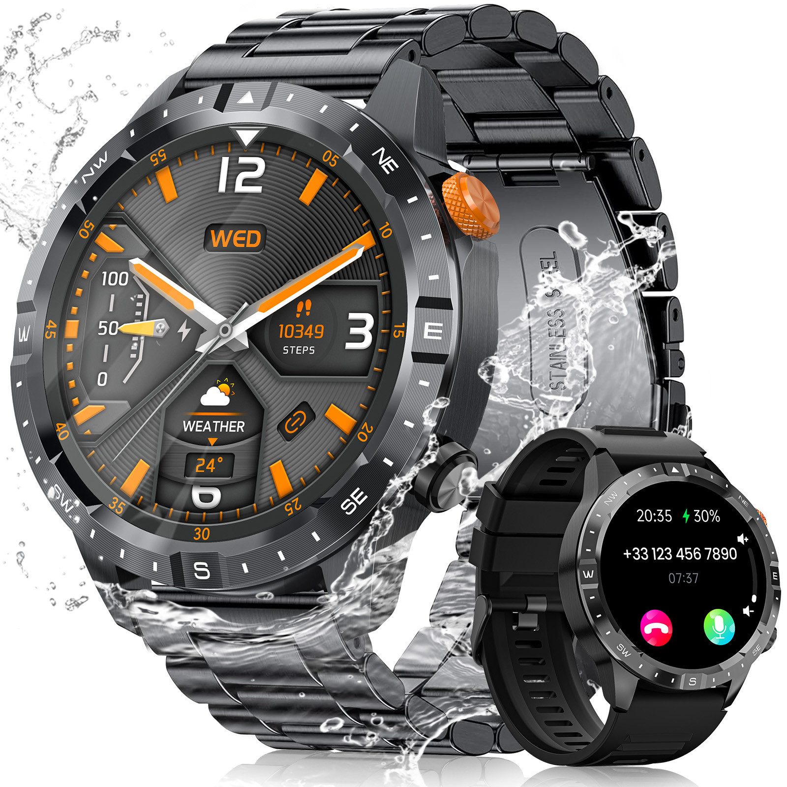 Sanorum Smartwatch Herren mit Telefonfunktion AMOLED Militär Smartwatch (3.63 cm/1.43 Zoll, Always-On Display Armbanduhr) mit Herzfrequenz Schlafüberwachung SpO2, 100+ Sportmodi, 5ATM Wasserdicht, Fitnessuhr Smart Watch für Android iOS