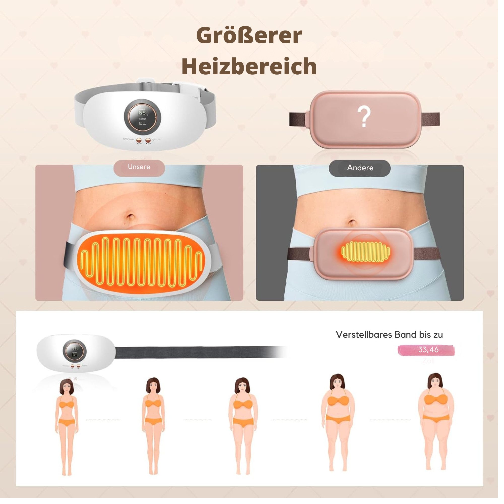 Vivitar Heizkissen für Frauen mit 5 Wärmemodi & 7 Massageprogrammen, Menstruations-Heizkissen für effektive Schmerzlinderung, LED-Anzeige, 3000-mAh-Akku, USB-Aufladung, automatische Abschaltung, extra große Heizfläche für Bauch- und Rückenschmerzen