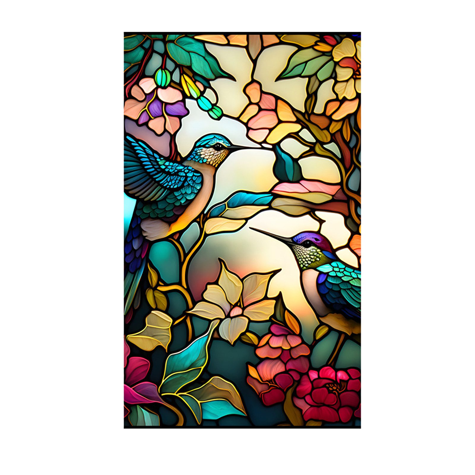 GarveeMore Fenstersticker PVC-Farbglas Glas Fensterfolie Aufkleber Nicht klebend Abnehmbar Bunt, 45/60*100cm Floral Retro Bunte Kolibri Blume Glasmalerei Fenster Film