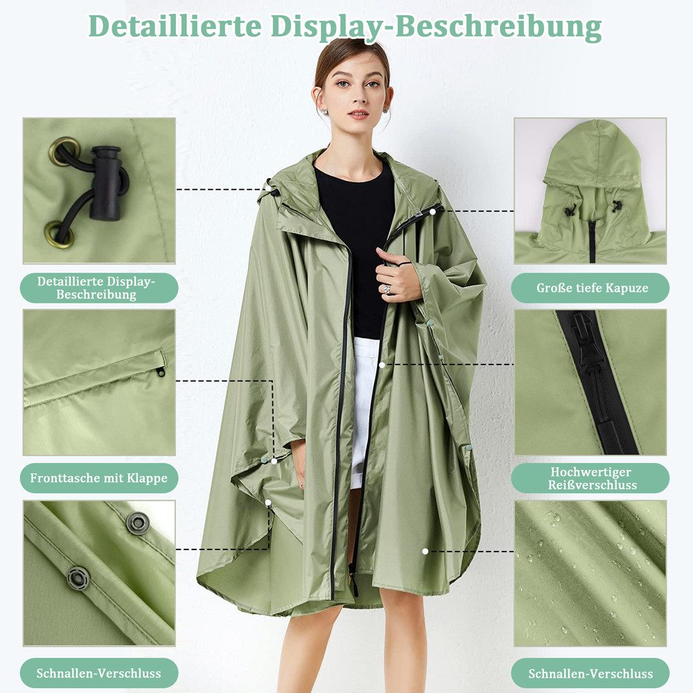 MOPUEA Regenmantel Durchsichtiger Regenponcho Wasserdicht Wiederverwendbar (Set, 1-tlg., Modische und gut durchdachte Details) Elastische Daumenschlaufen und wasserdichter Reißverschluss