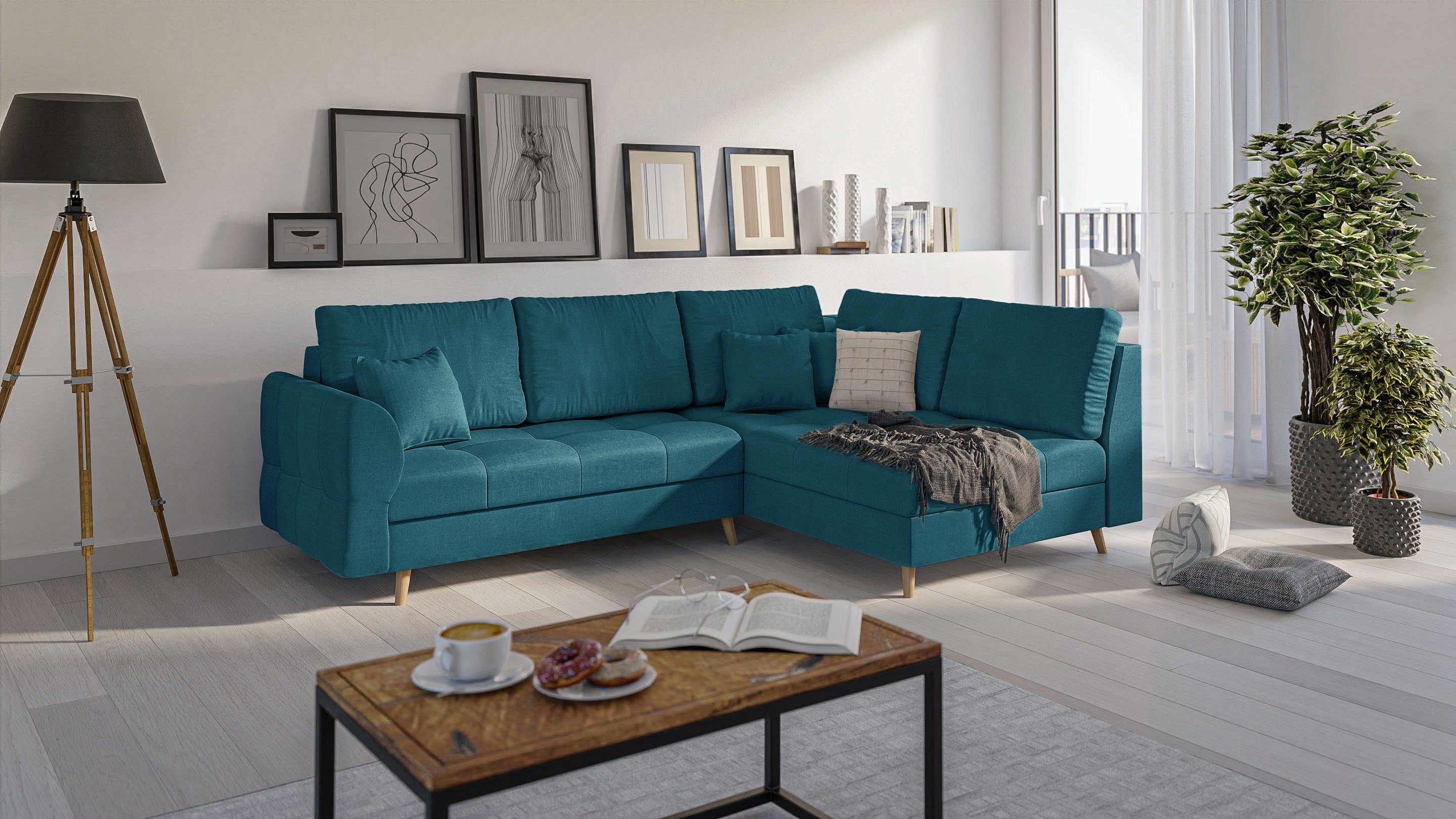 S-Style Möbel Ecksofa Cuba im skandinavischen Design, mane links oder rechts bestellbar, mit Wellenfederung Marineblau