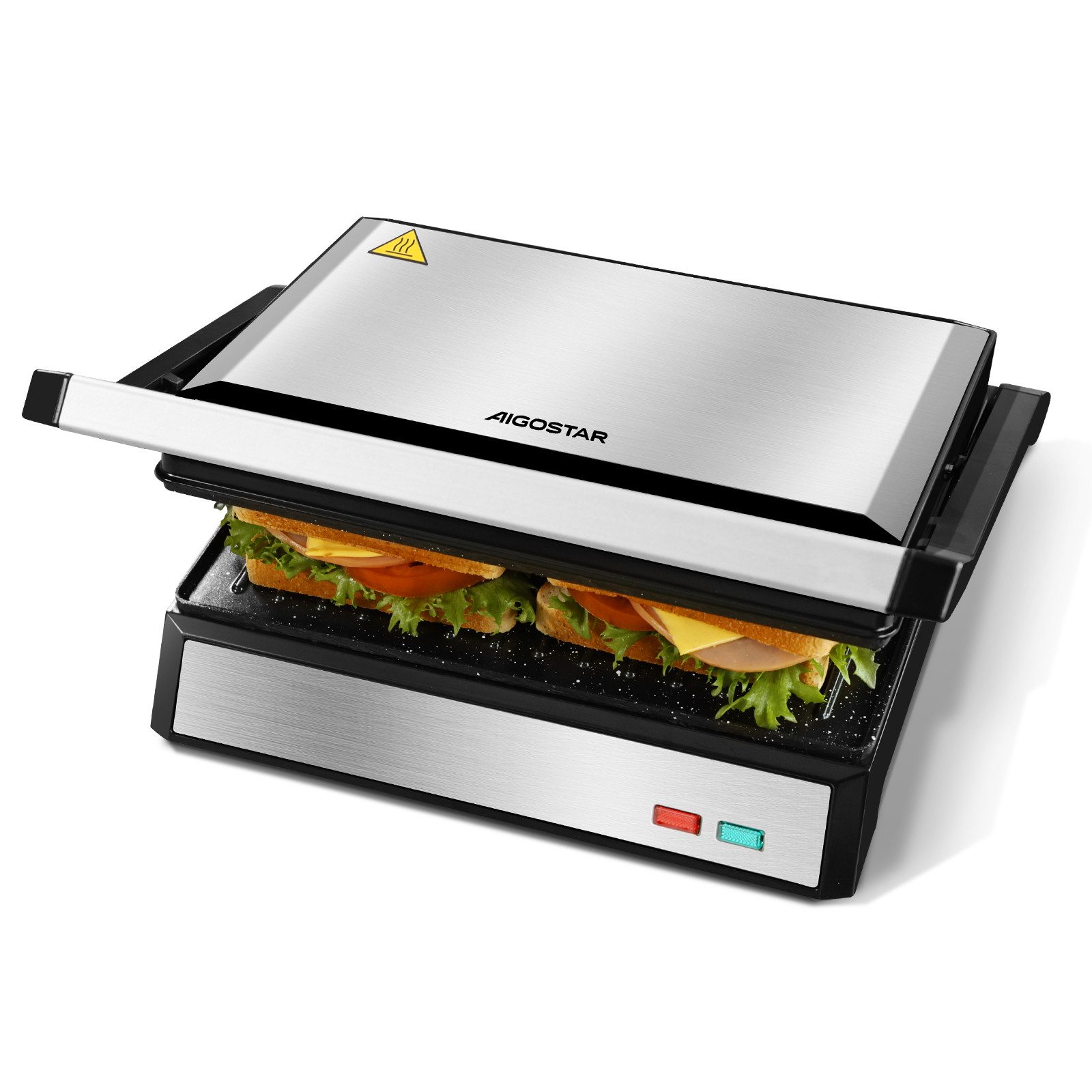 Aigostar Paninigrill Kontaktgrill für Sandwiches, Panini Grill, Sandwichmaker, BPA frei, 1500,00 W, Schnelles und gleichmäßiges Erhitzen,Antihaftbeschichtung,180° Öffnung