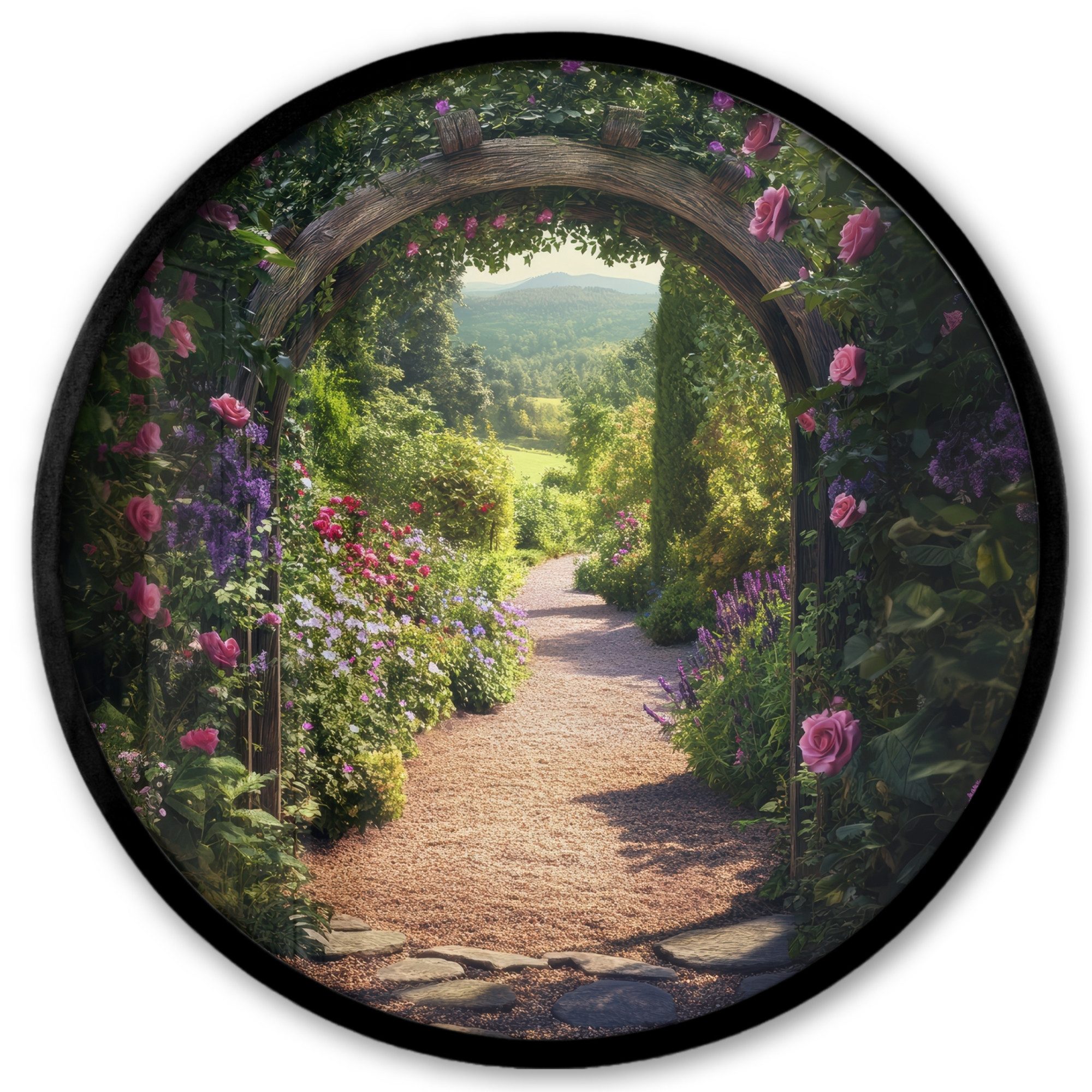 Poster Rund - Fensterblick - Blumen - Natur - Rosenbogen